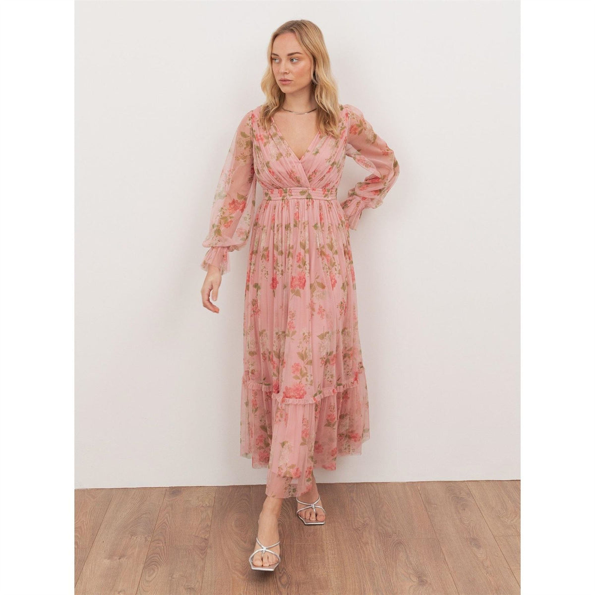 Anaya With Love With Love Recycled Pink Floral Print Faux Wrap Maxi Sleeve Midaxi Dress