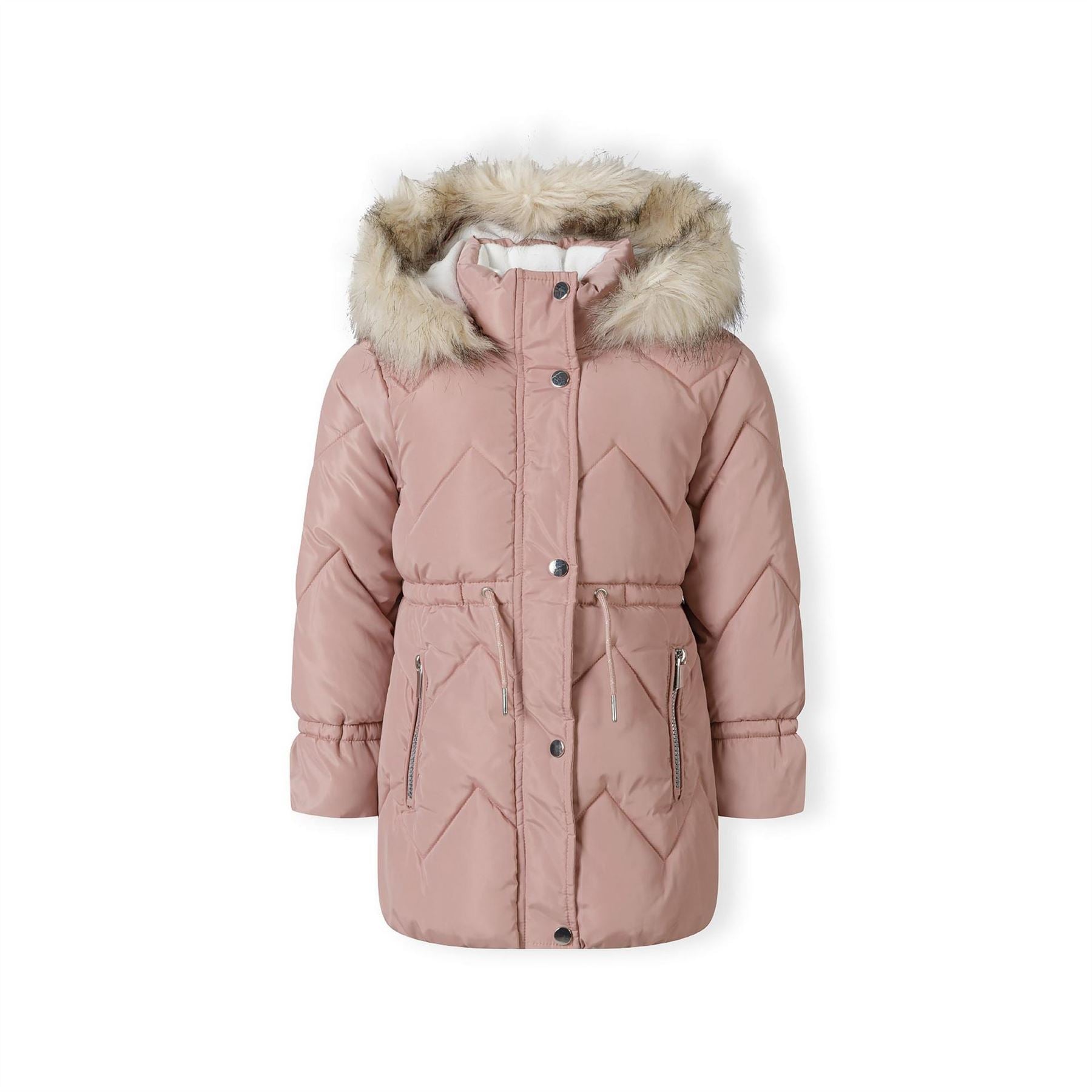 Minoti Girls Mid Length Quilted Jacket Faux Fur Hood Pink