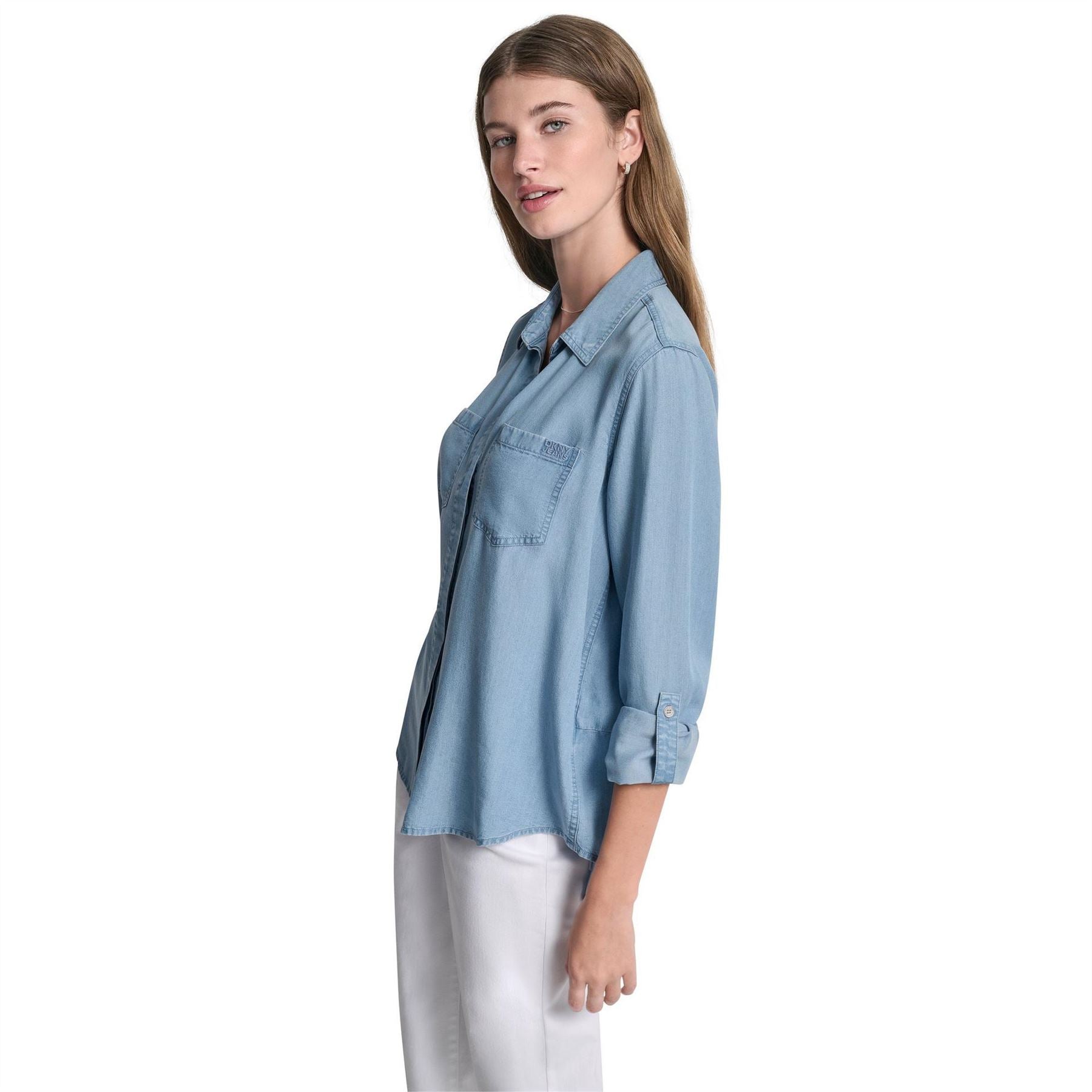 DKNY Jeans Split Back Button Front Tencel Shirt W  Roll Tab Sleeve