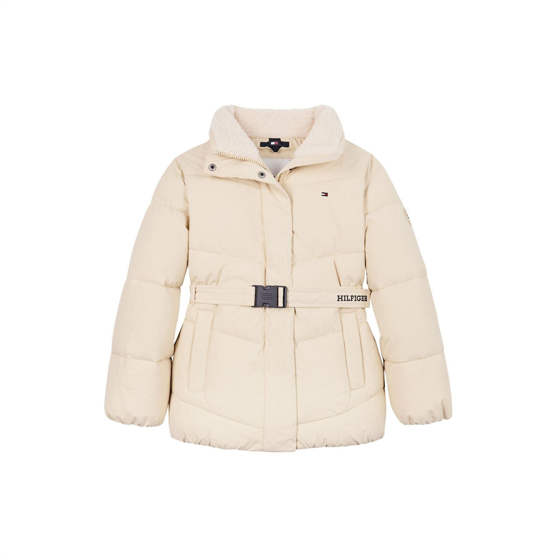 Tommy Hilfiger Teddy Collar Belted Wind Resistant Long Sleeve Oversized Fit Short Puffer Jacket