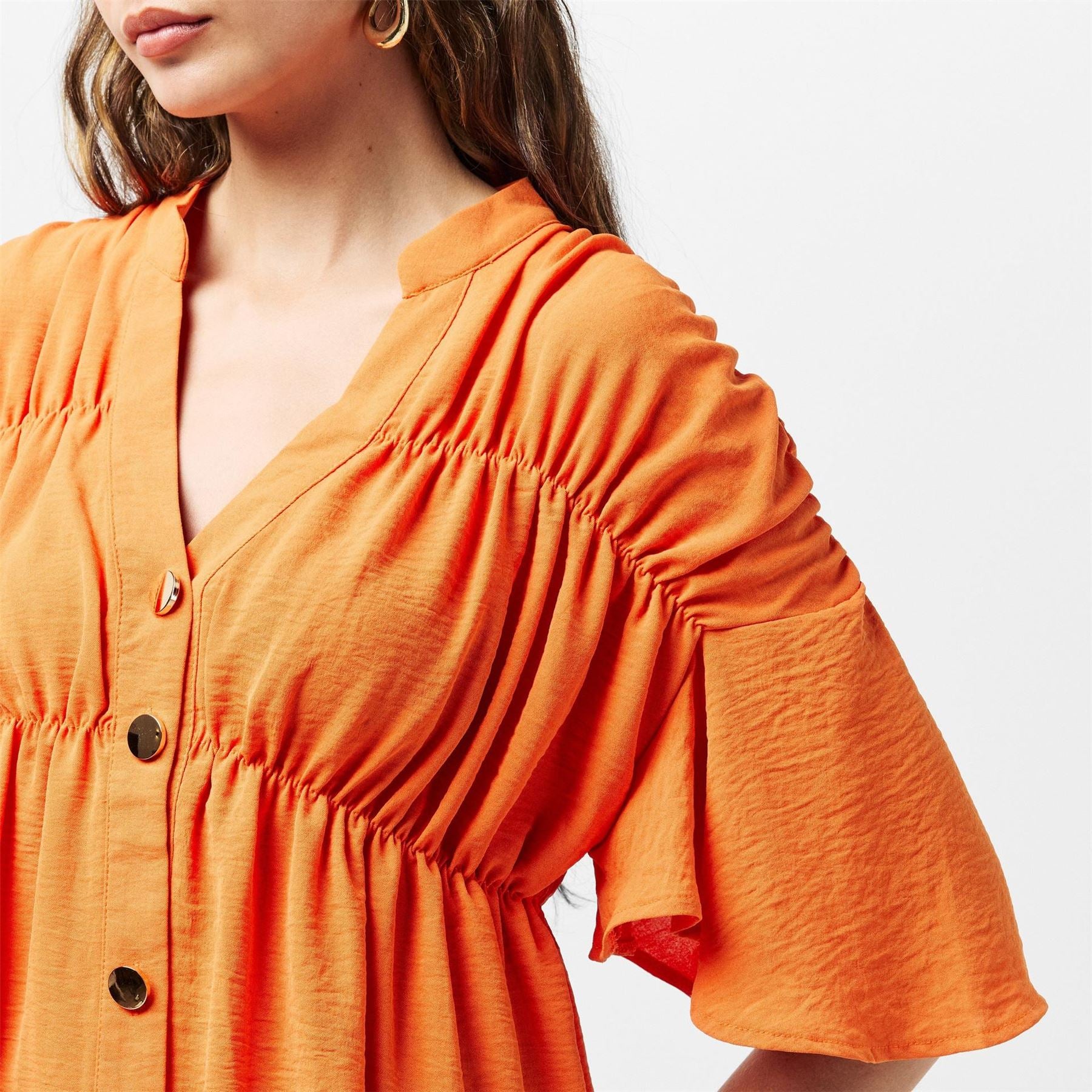 AX Paris Button Up Ruched Detail Smock V Neck Top