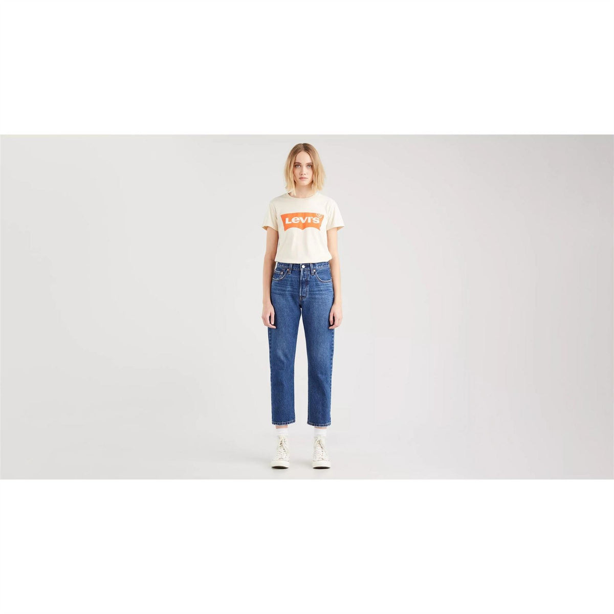 Levis 501 Cropped Mid Rise Cotton Straight Leg Jeans