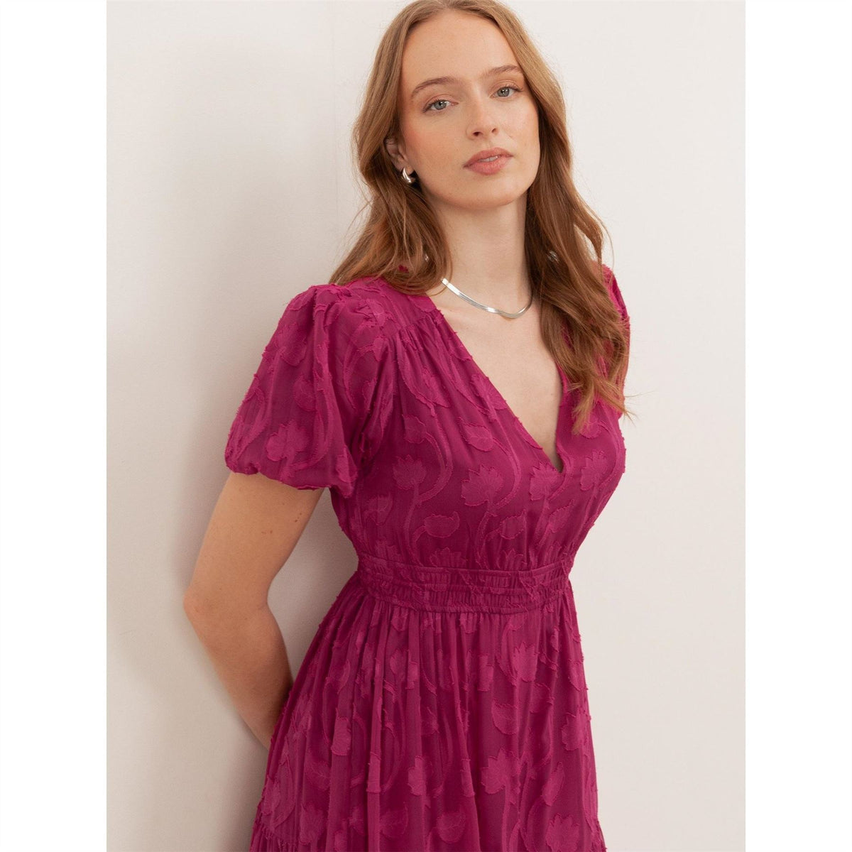 Lovedrobe Fuchsia Short Sleeve Floral Burnout Midi Dress