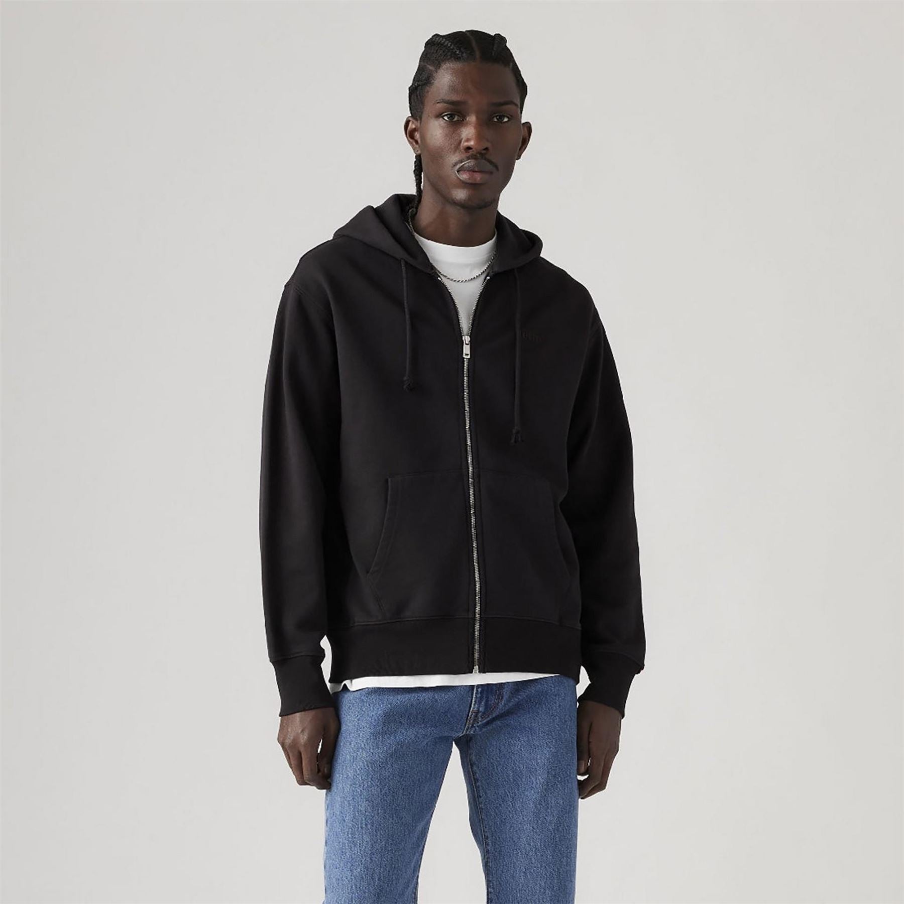 Levis Solid Patterned Hooded Neck Full Zipper Ribbed Cuff Sweat Jacket