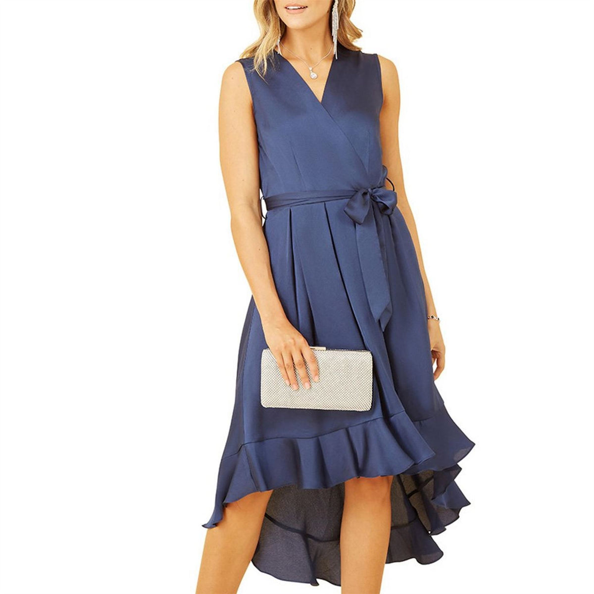 Mela London Green Satin Dipped Hem Midi Wrap Dress