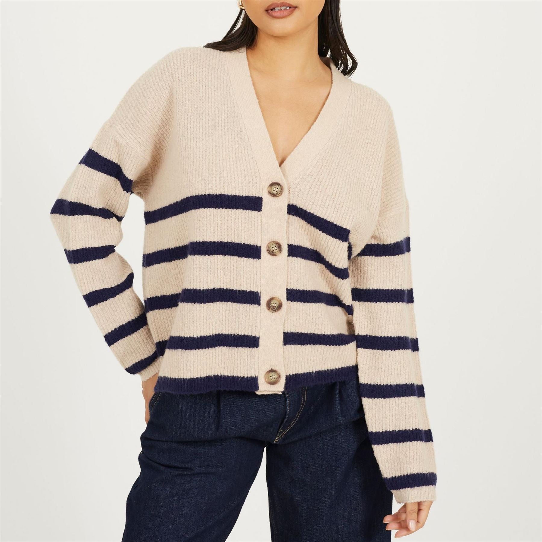 Brave Soul V Neck Fisherman Knit Striped Cardigan