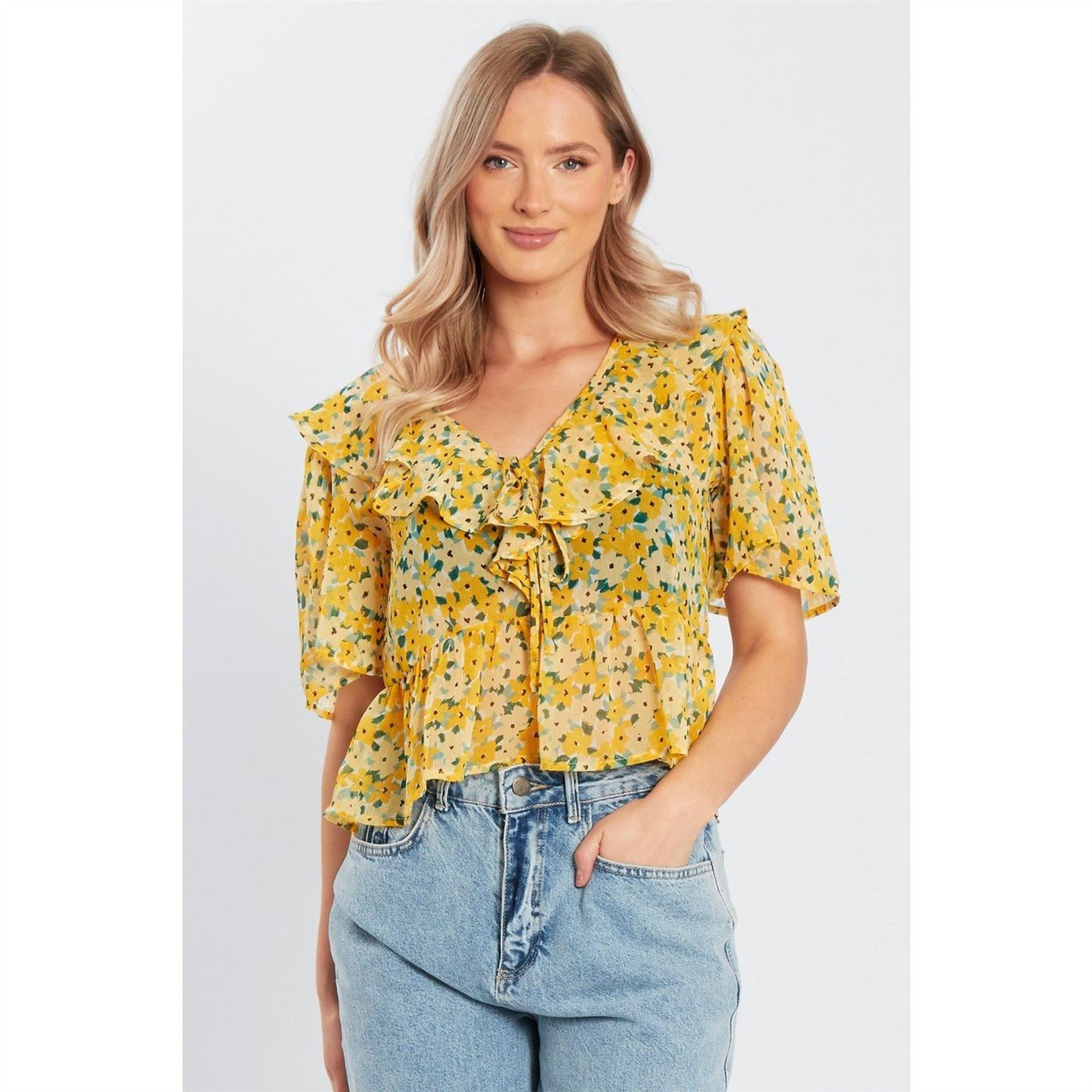 Influence Floral Ruffle Short Sleeve Blouse