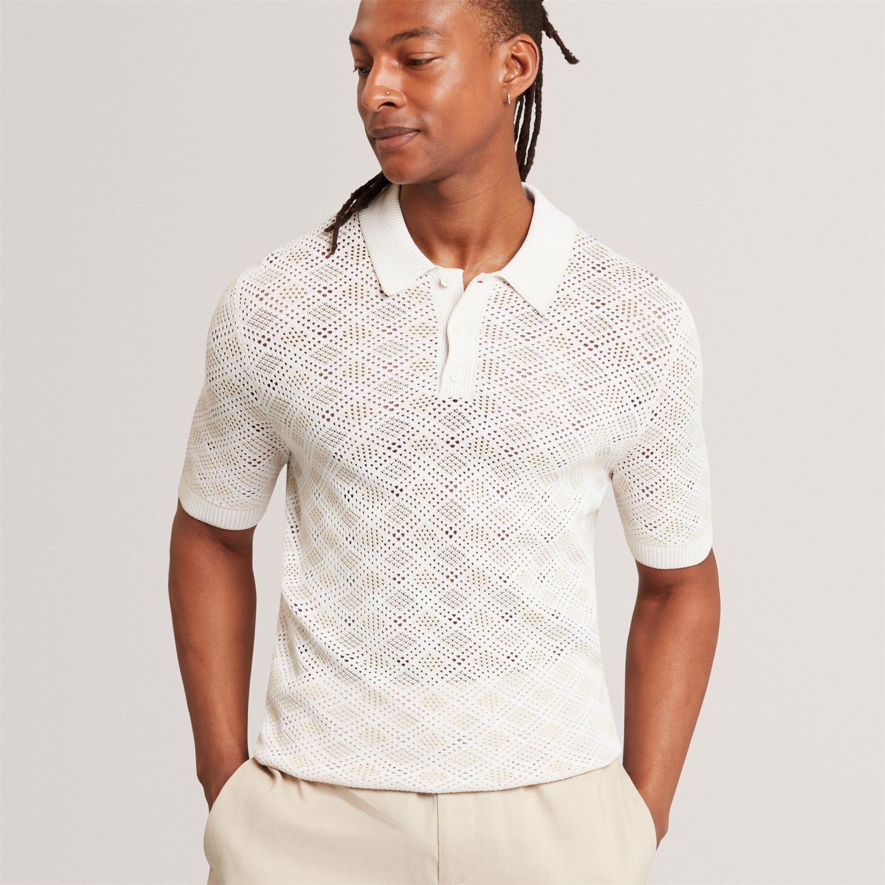 Ted Baker Geometric Open Knit Short Sleeve Polo
