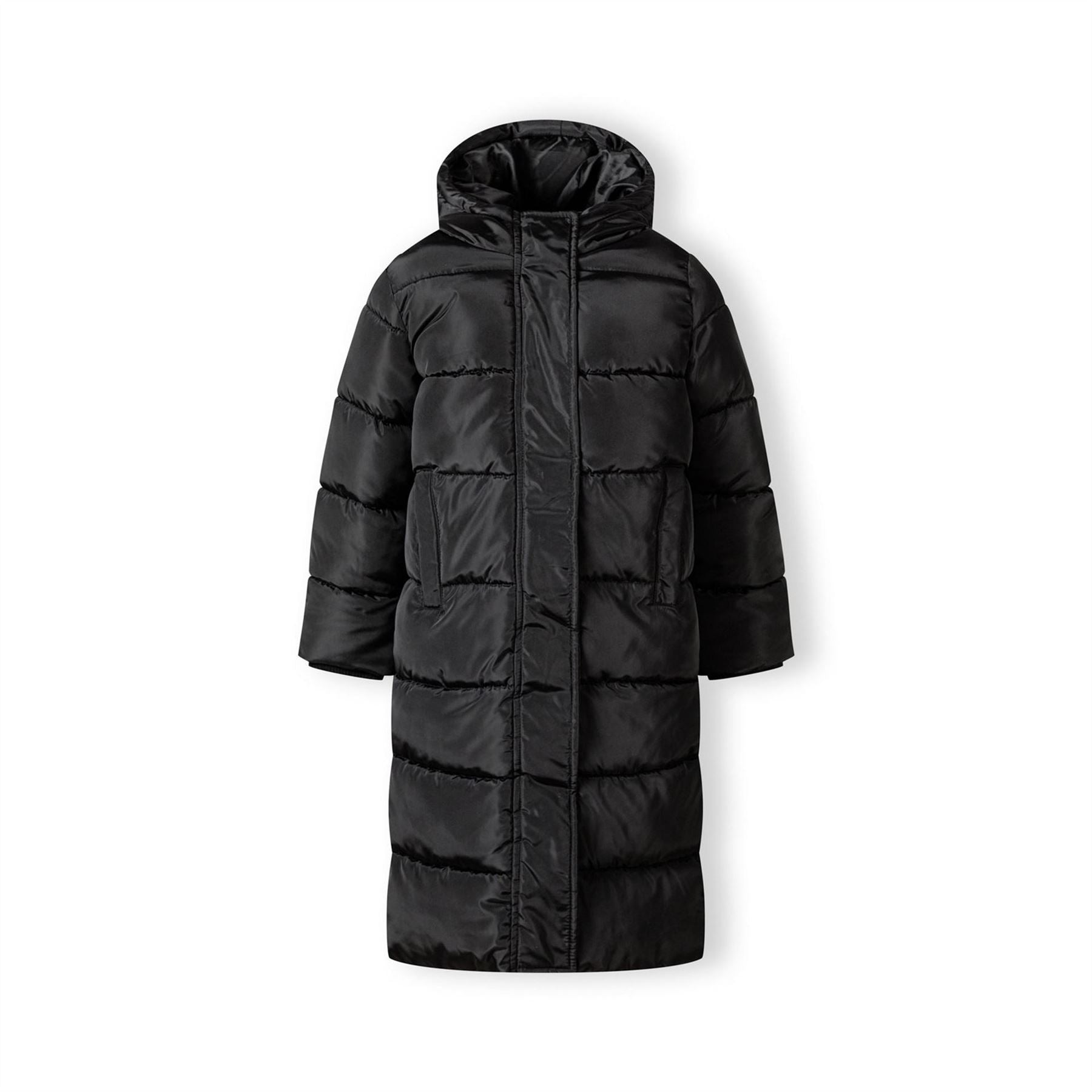 Minoti Girls Long Winter Quilted Coat With Hood And Side Slits Black