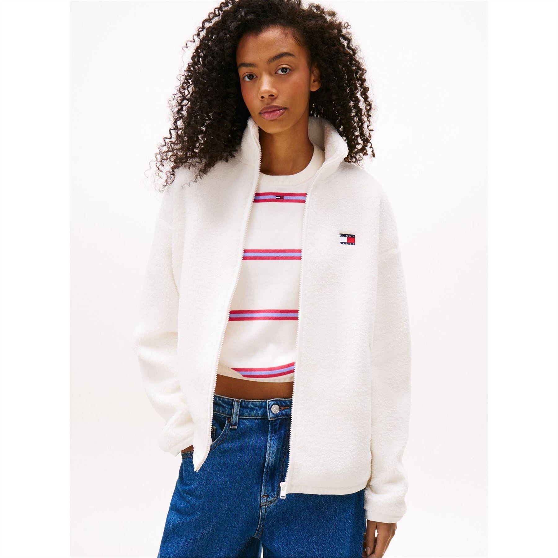Tommy Jeans Solid Patterned Teddy Jacket with Quarter Zipper
