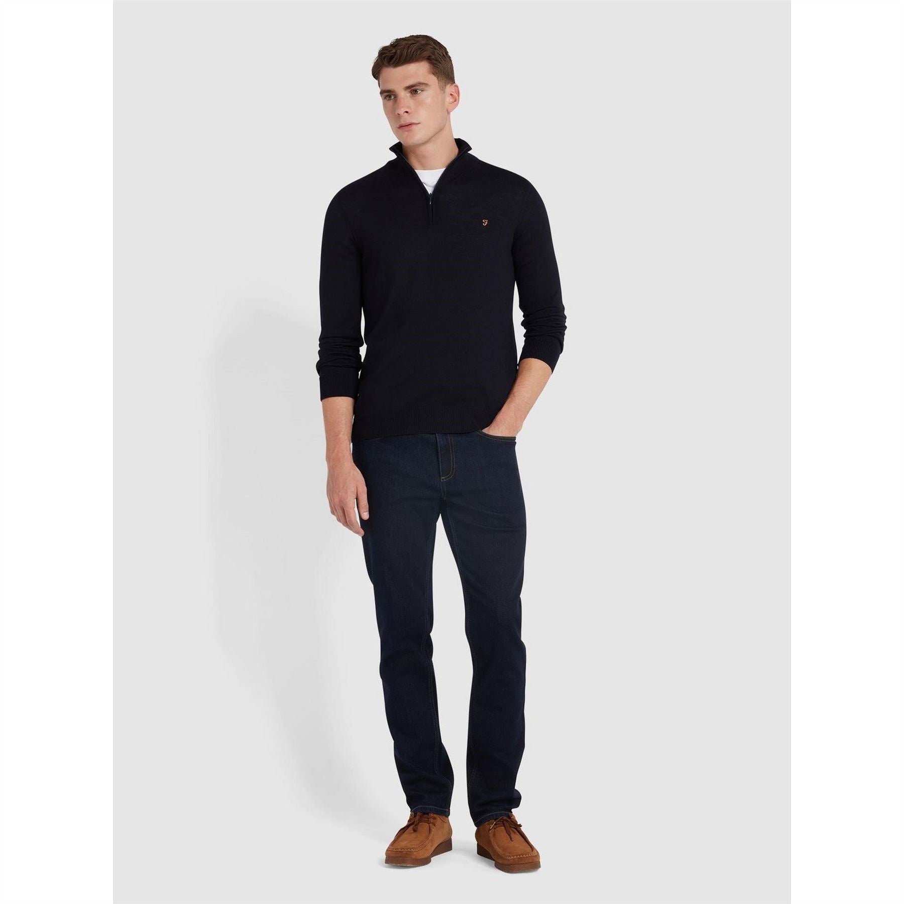 Farah Zip Neck Ribbed Collar Long Sleeve Sweater