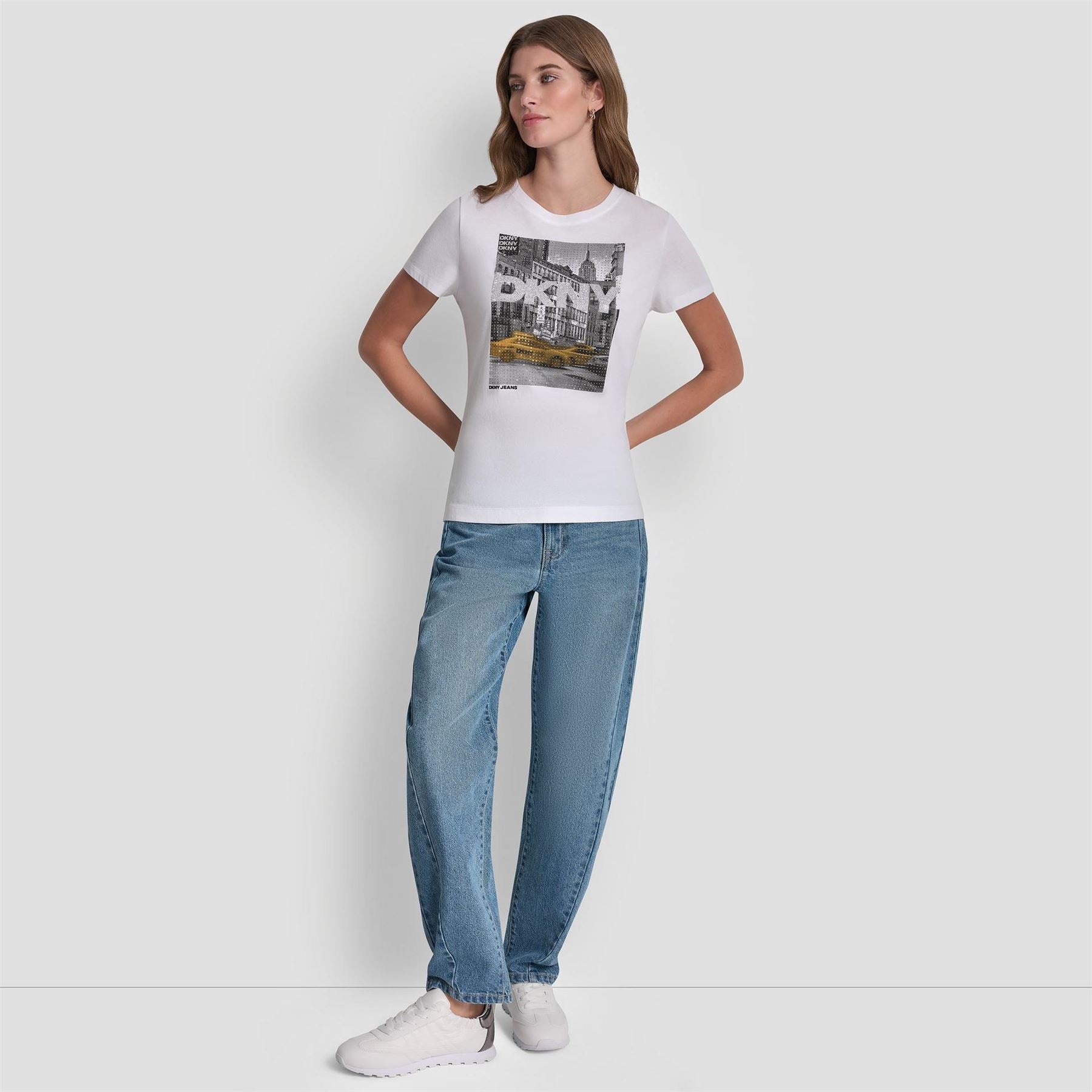DKNY Rhinestone Taxi Photoreal Logo Crew Neck Tee