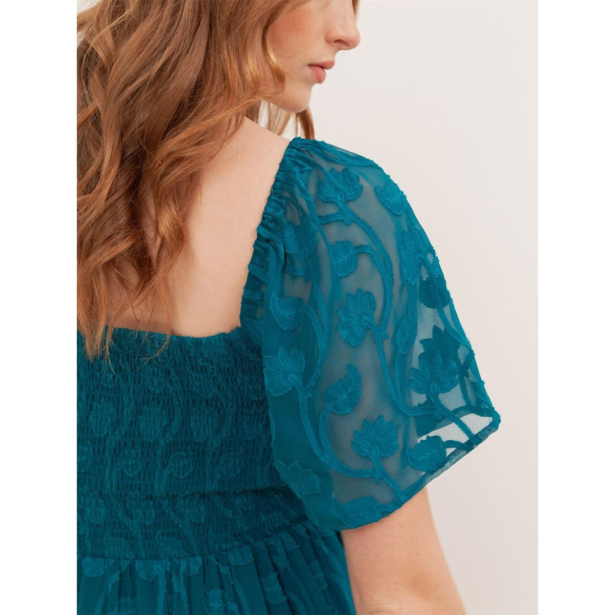 Lovedrobe Teal Floral Burnout Square Neck Shirred Midaxi Dress