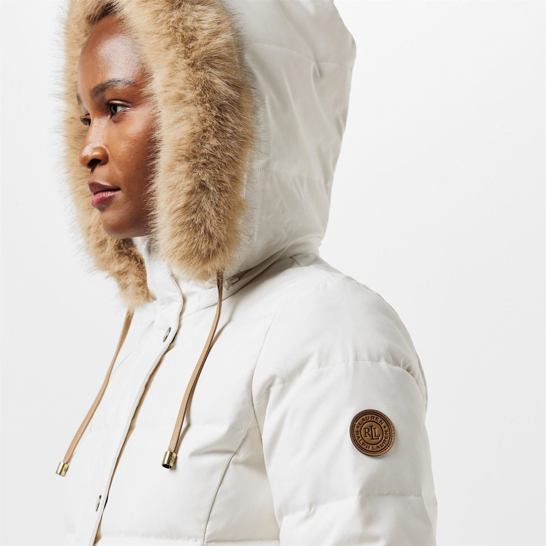 Lauren by Ralph Lauren Real Leather Fur Hood Medium Puffer Jacket