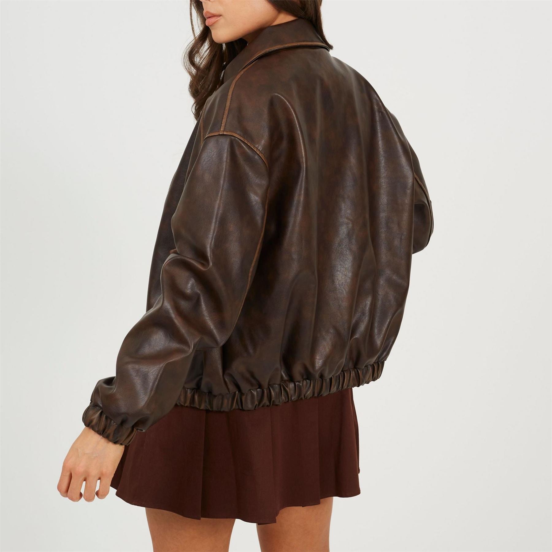 Brave Soul Womens Vintage Finish Faux Leather Bomber With Collar