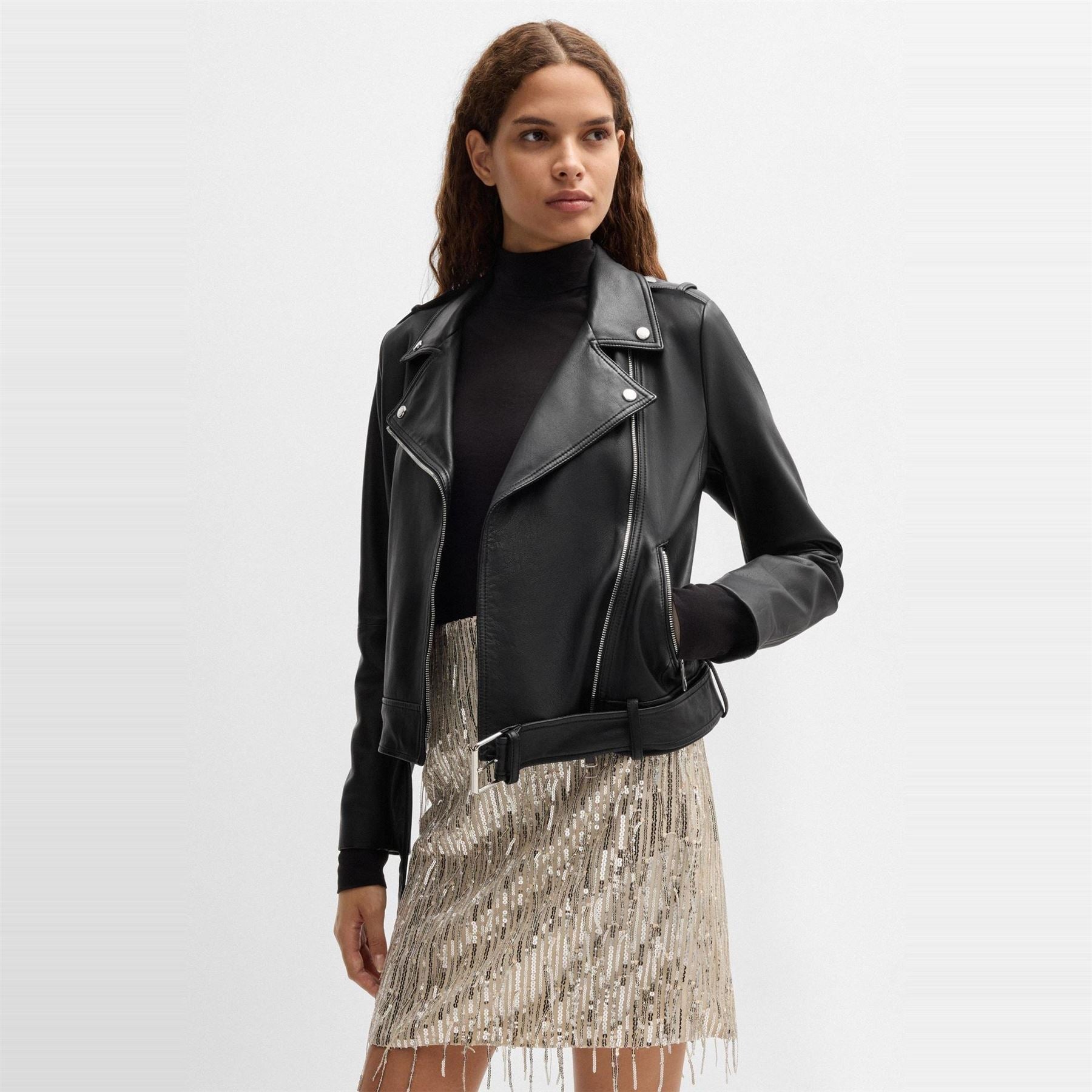 Boss Solid Patterned Asymmetric Zipper Lapel Collared Bike Jacket