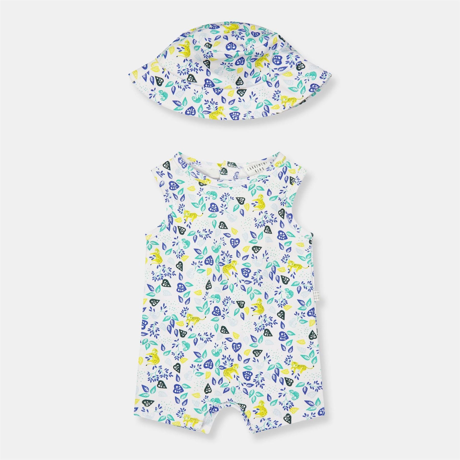 Carrement Beau Crew Neck Leave Print Sleeveless Romper with Bucket Hat