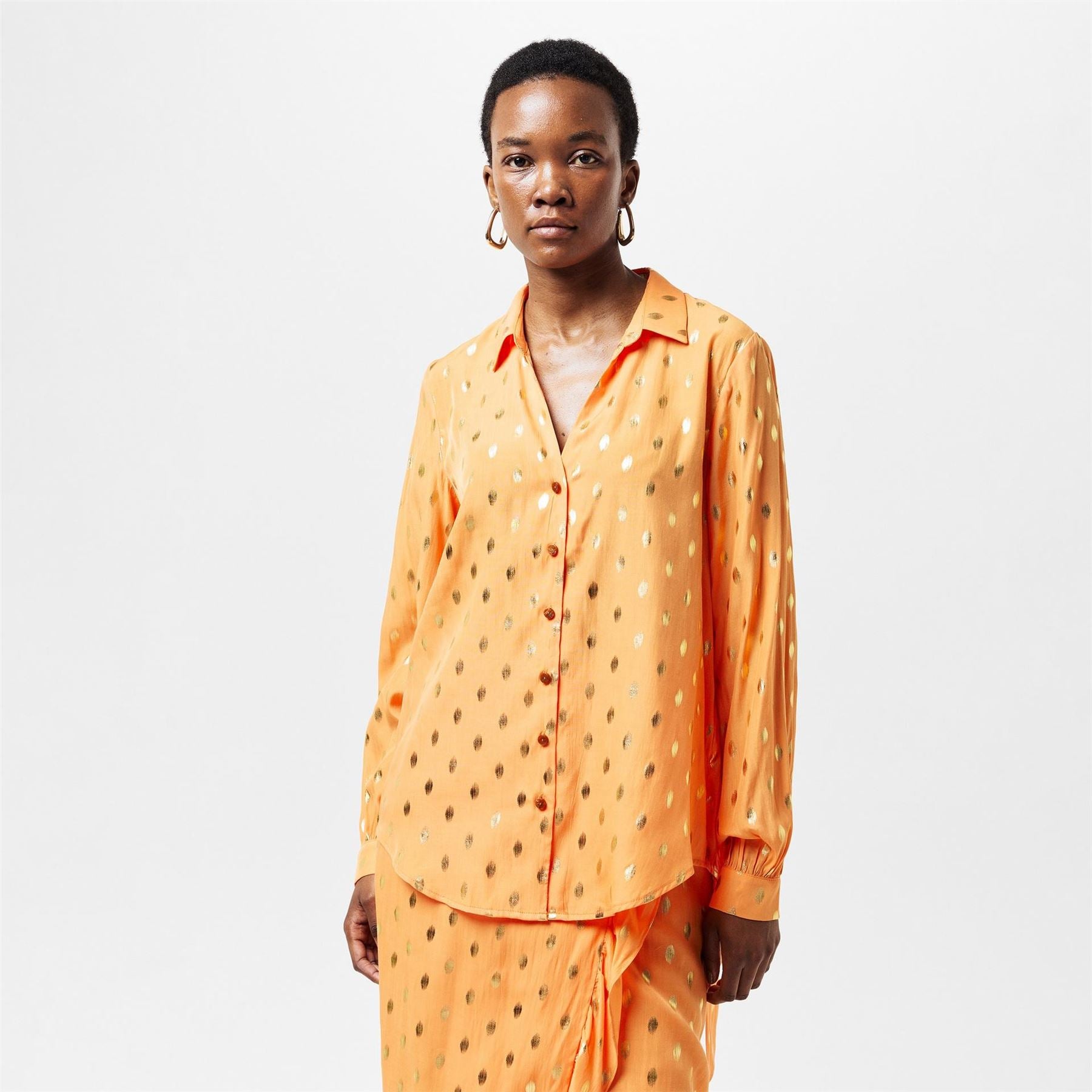 Never Fully Dressed Fleck Miley Metallic Backtab Bishop Sleeve Relaxed Fit Shirt