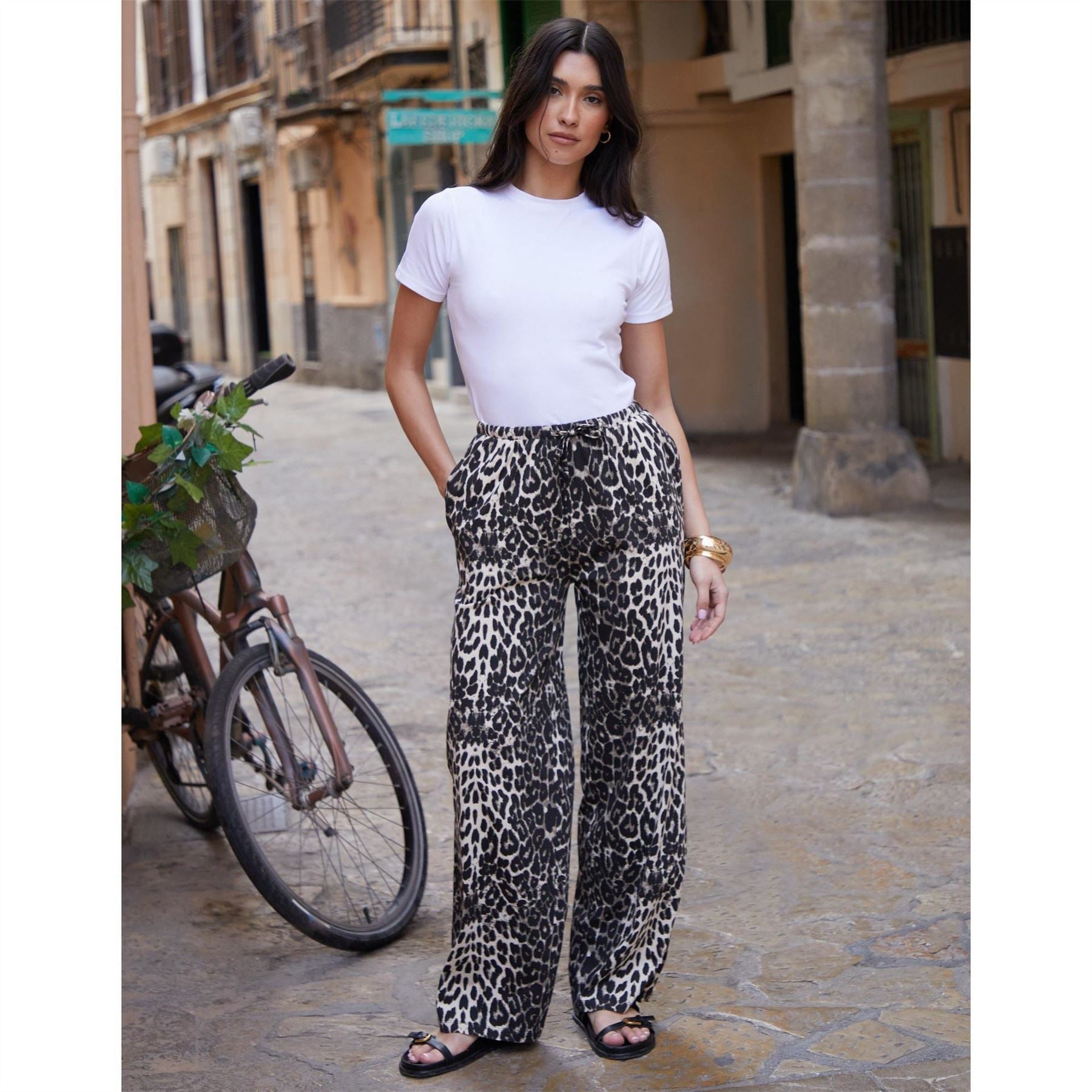 Threadbare Madri Leopard Patterned Wide Leg Trousers