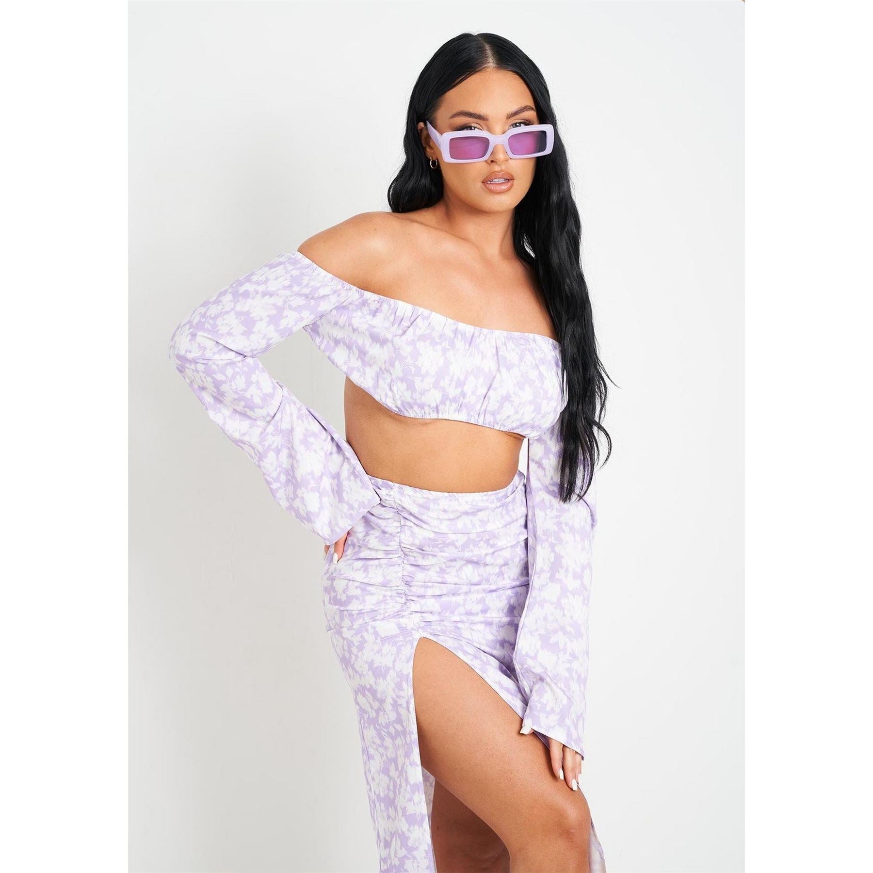 Missy Empire Print Bardot Long Sleeve Crop Top