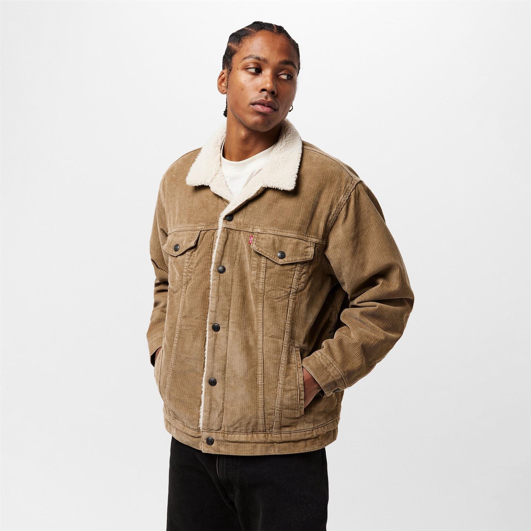 Levis Relaxed Fit Solid Patterned Sherpa Denim Jacket with Chest Pocket
