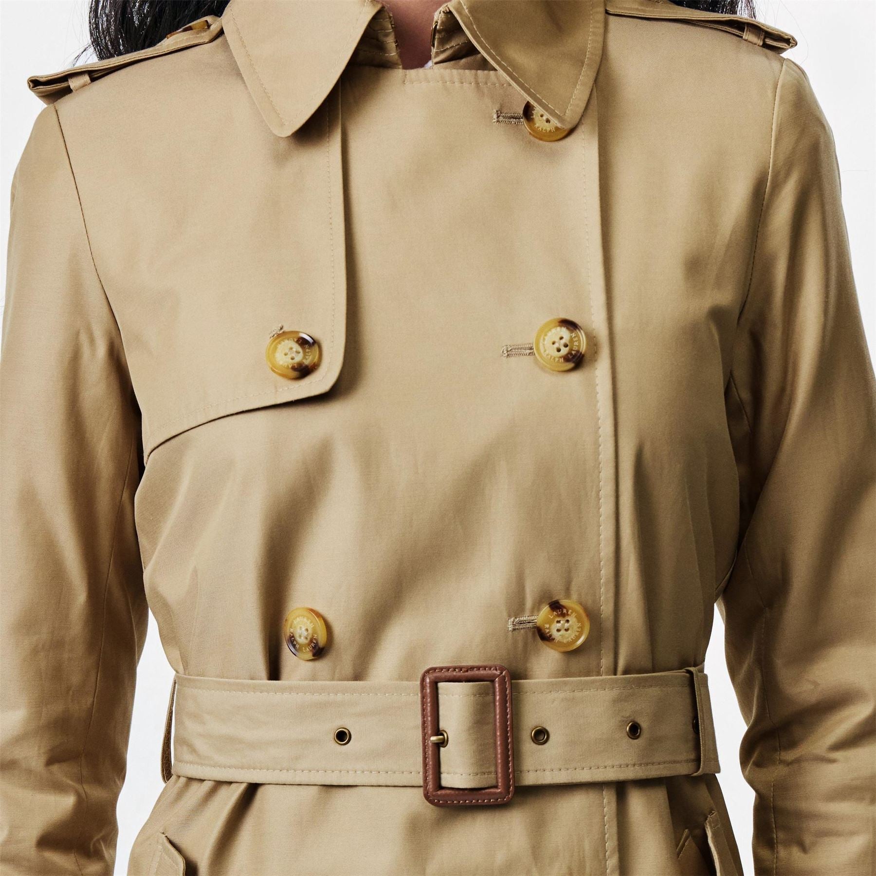 Lauren by Ralph Lauren Double Breasted Belted Cotton Knee Length Long Sleeve Trench Coat