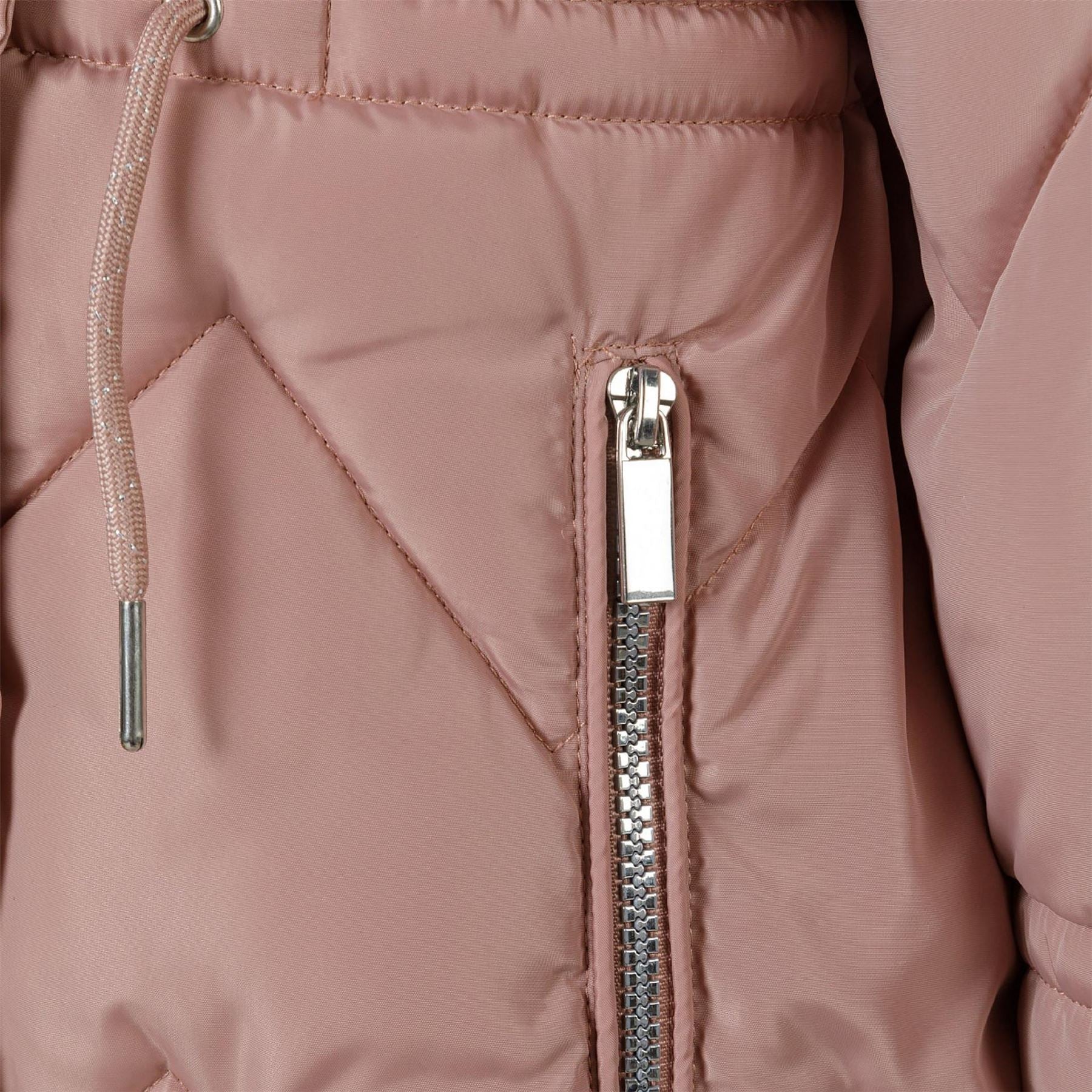 Minoti Girls Mid Length Quilted Jacket Faux Fur Hood Pink