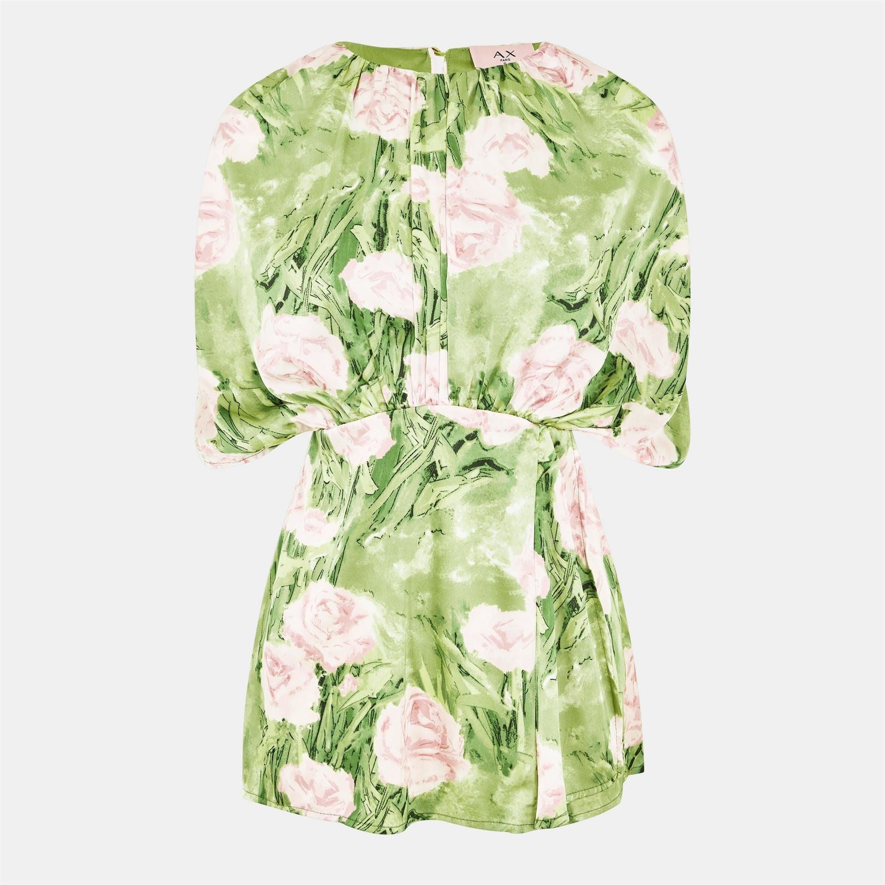 AX Paris Floral Satin Ruched Shoulder Batwing Top