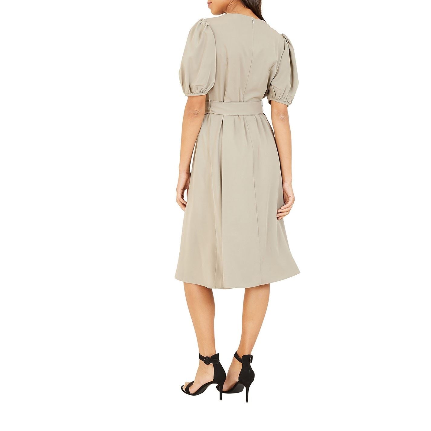 Yumi Sleeve Belted Midi Dress In Grey