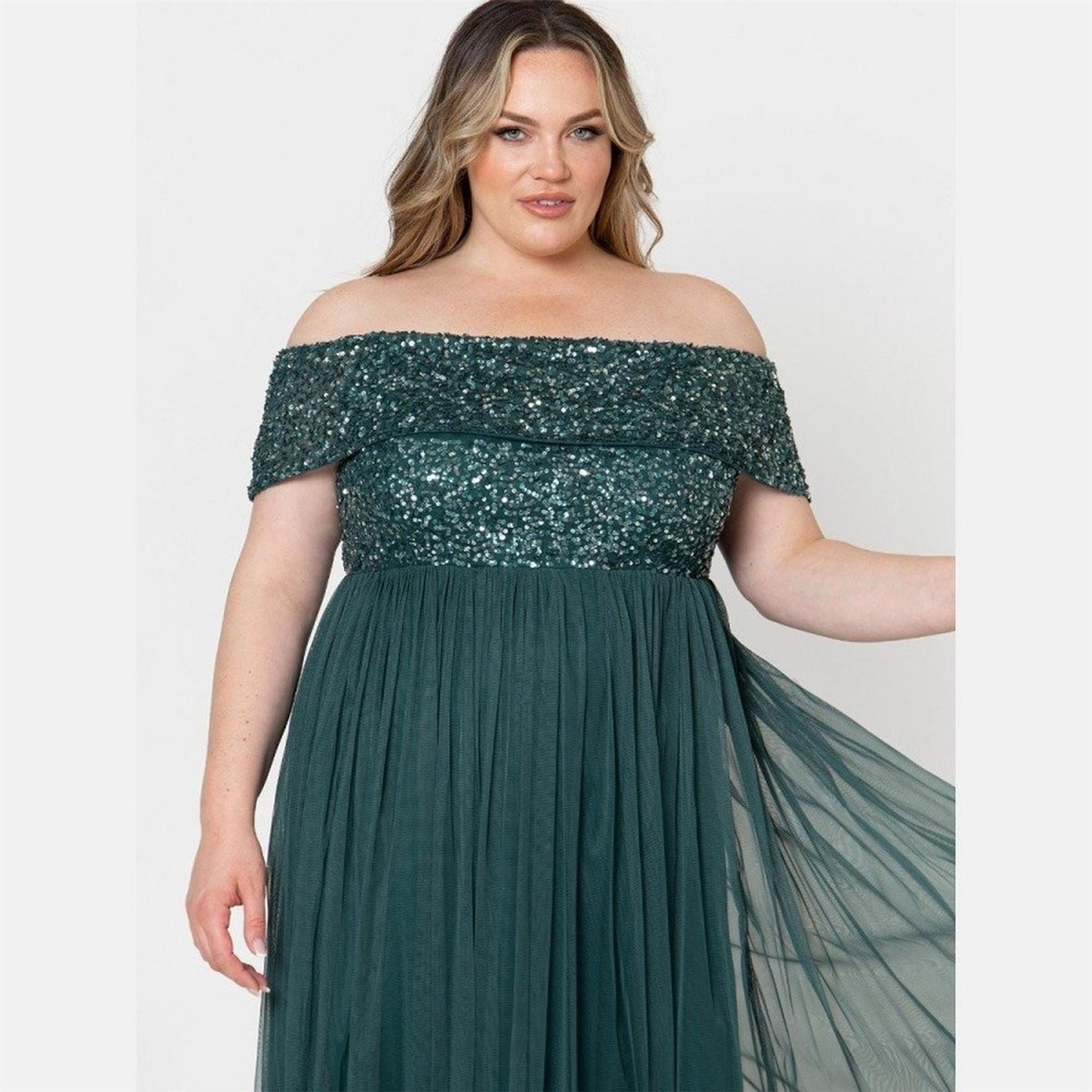 Maya Deluxe Emerald Green Bridesmaid Bardot Embellished Maxi Dress