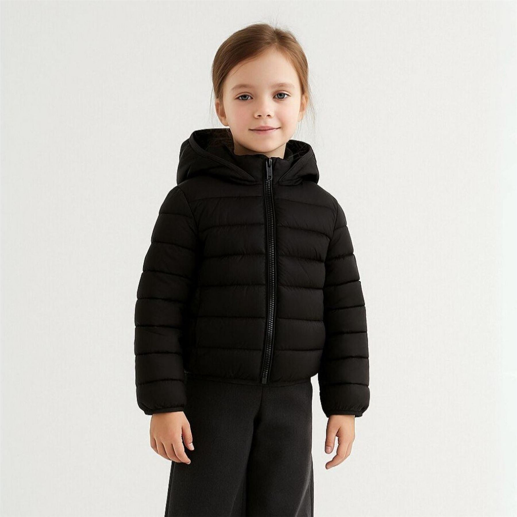 Minoti Girls Quilted Jacket Detachable Hood Zip Black