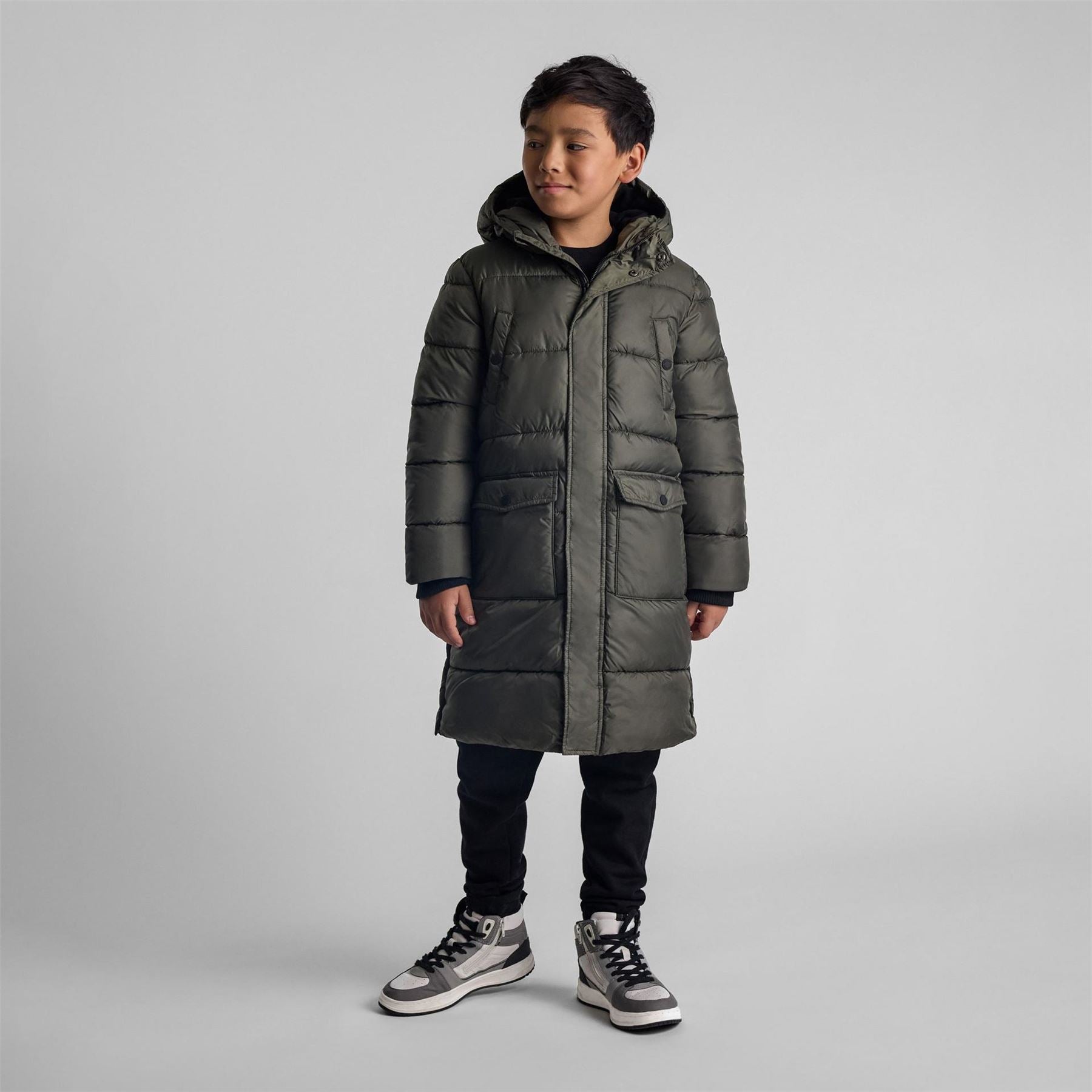 Minoti Boys Long Padded Coat With Hood And Snap Details Khaki