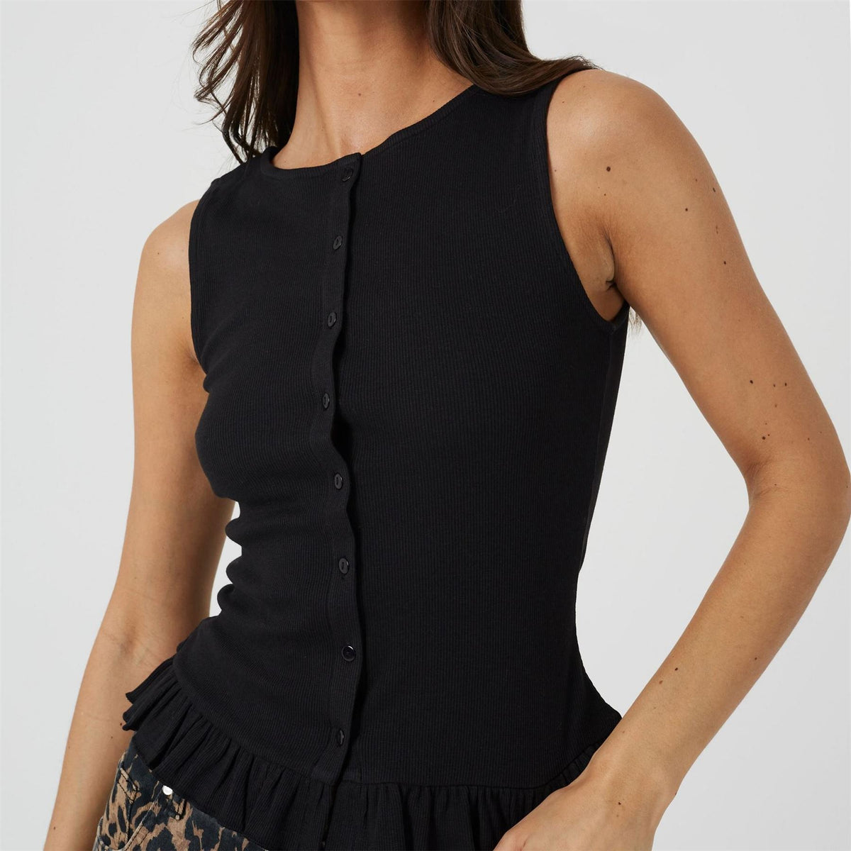 Brave Soul Womens Crew Neck Button Down Vest With Frill Detail