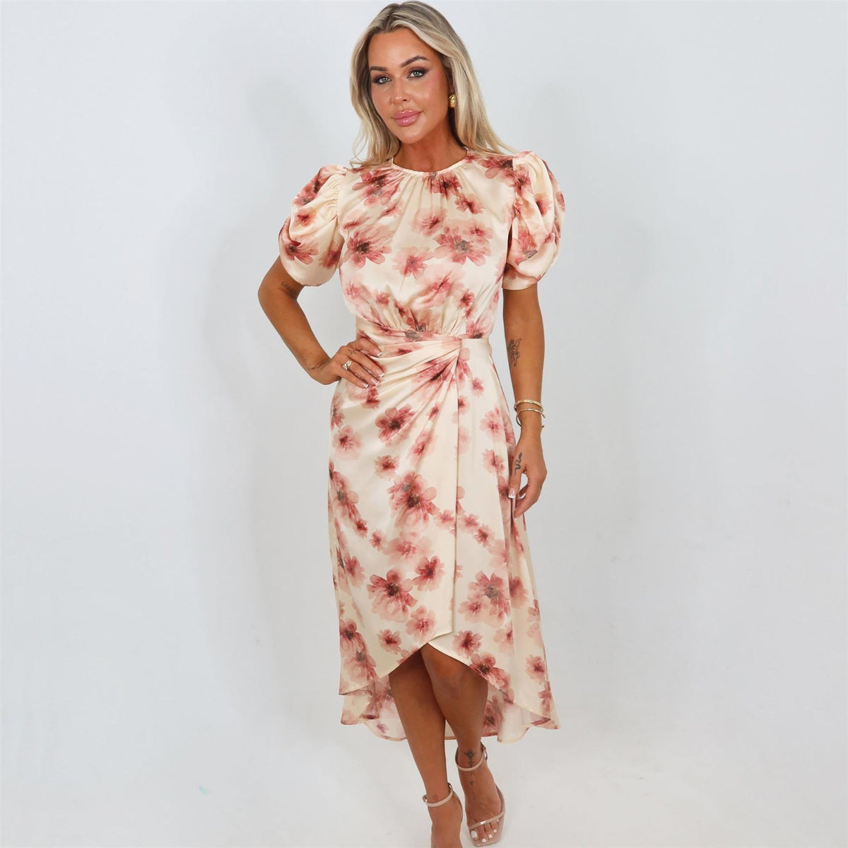 AX Paris Floral Print Puff Sleeve Gathered Side Midi Dress
