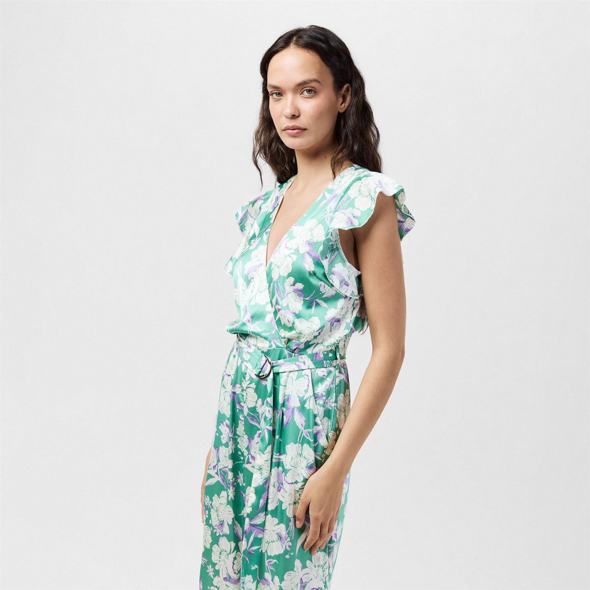 AX Paris Printed Wrap Front Frill Sleeve Belted Jumpsuit