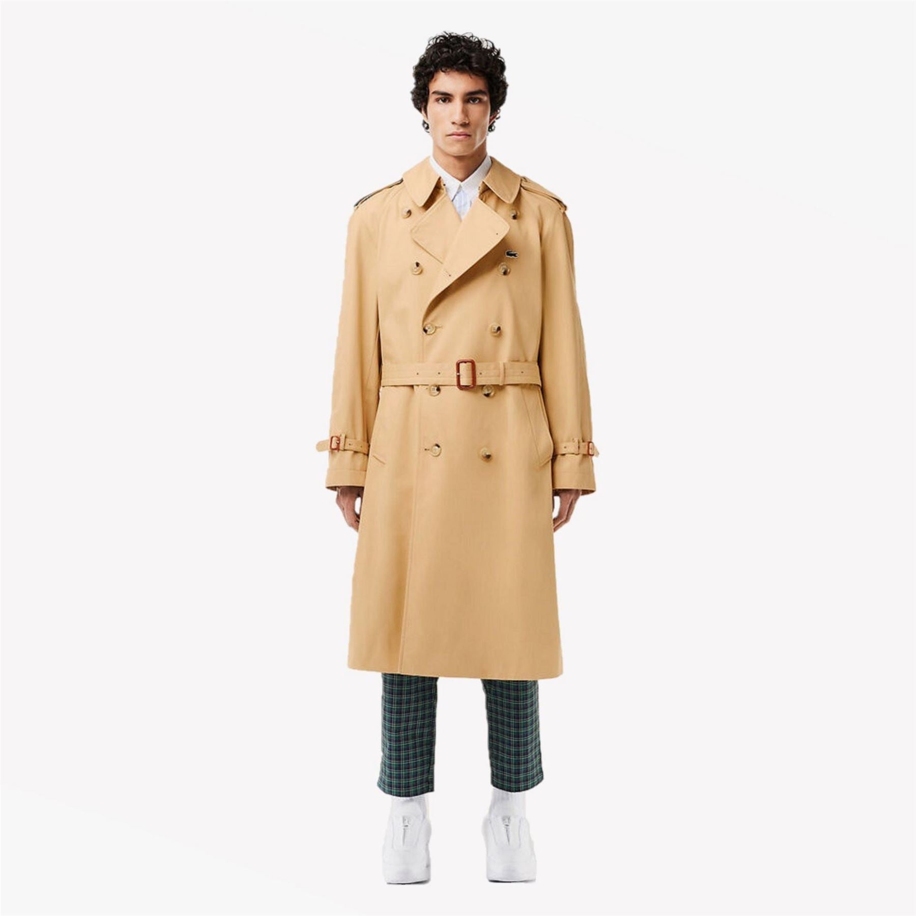 Lacoste Solid Patterned Trench Coat with Point Collar