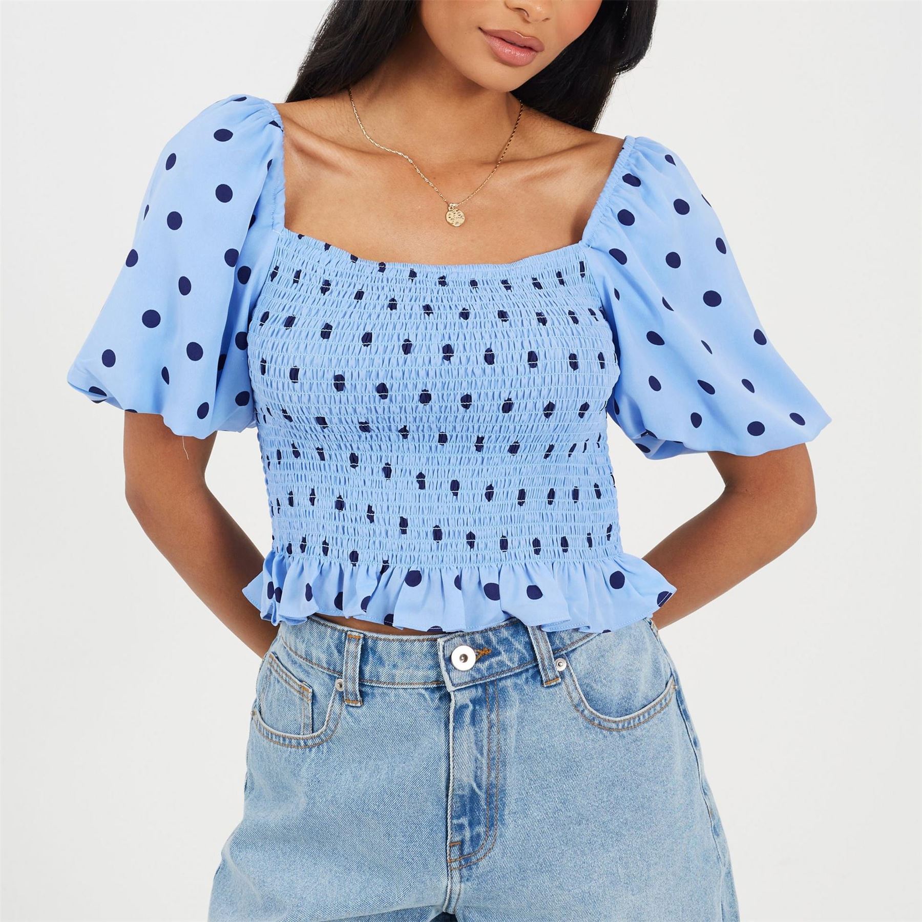 Brave Soul Womens Puff Sleeve Shirred Bust Polka Dot Top