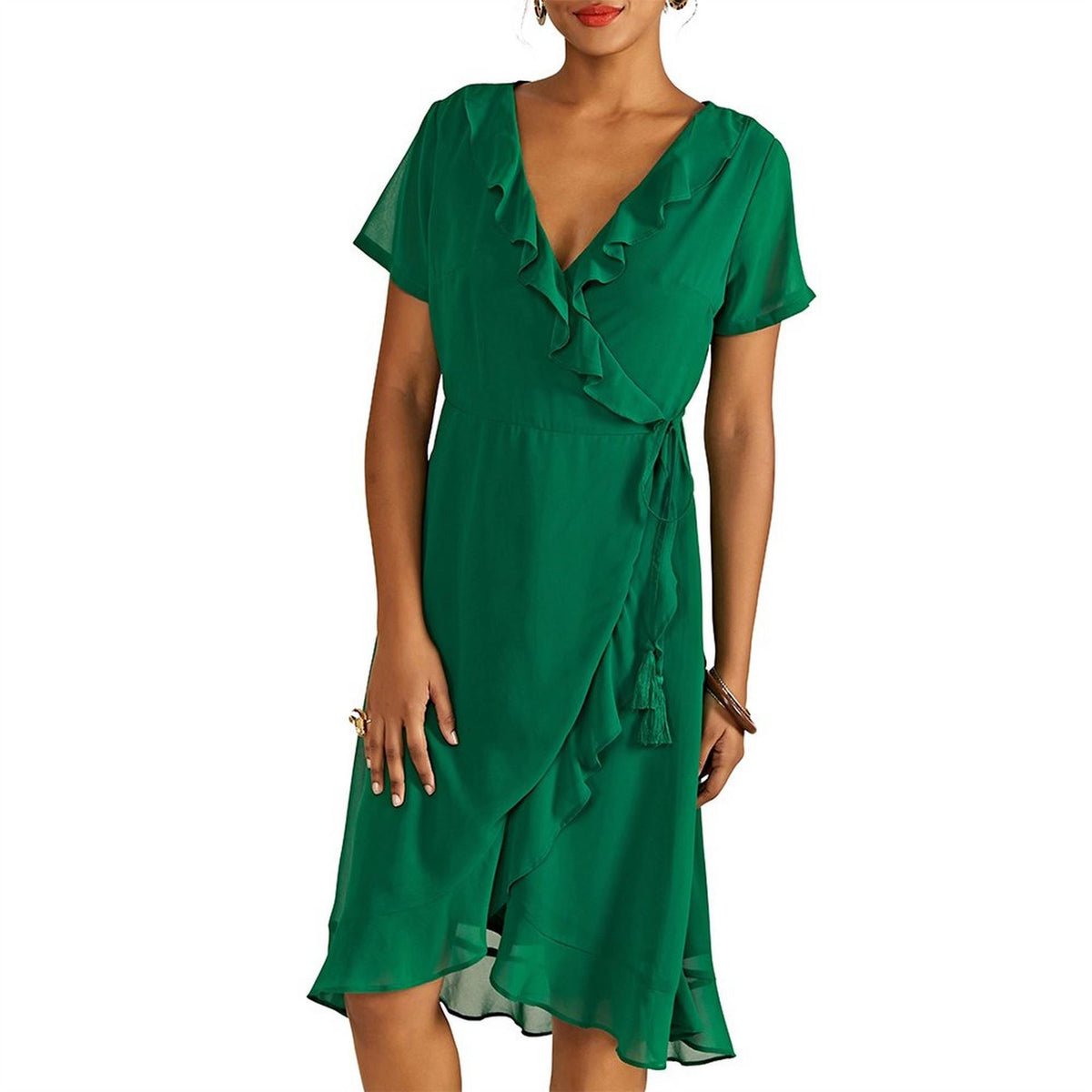 Yumi Frill V-Neck Midi Wrap Dress