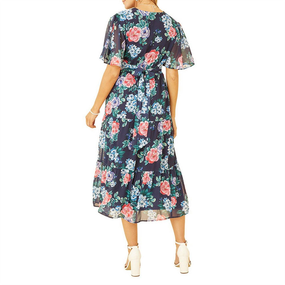 Yumi Green Floral V-Neck Midi Tiered Dress