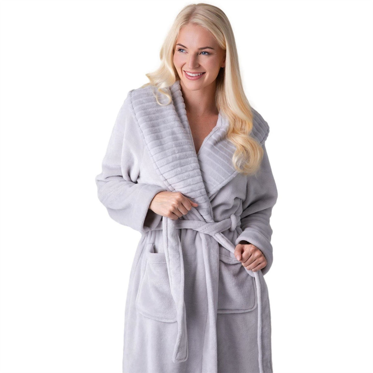 Camille Womens Supersoft Fleece Ribbed Collar Robe