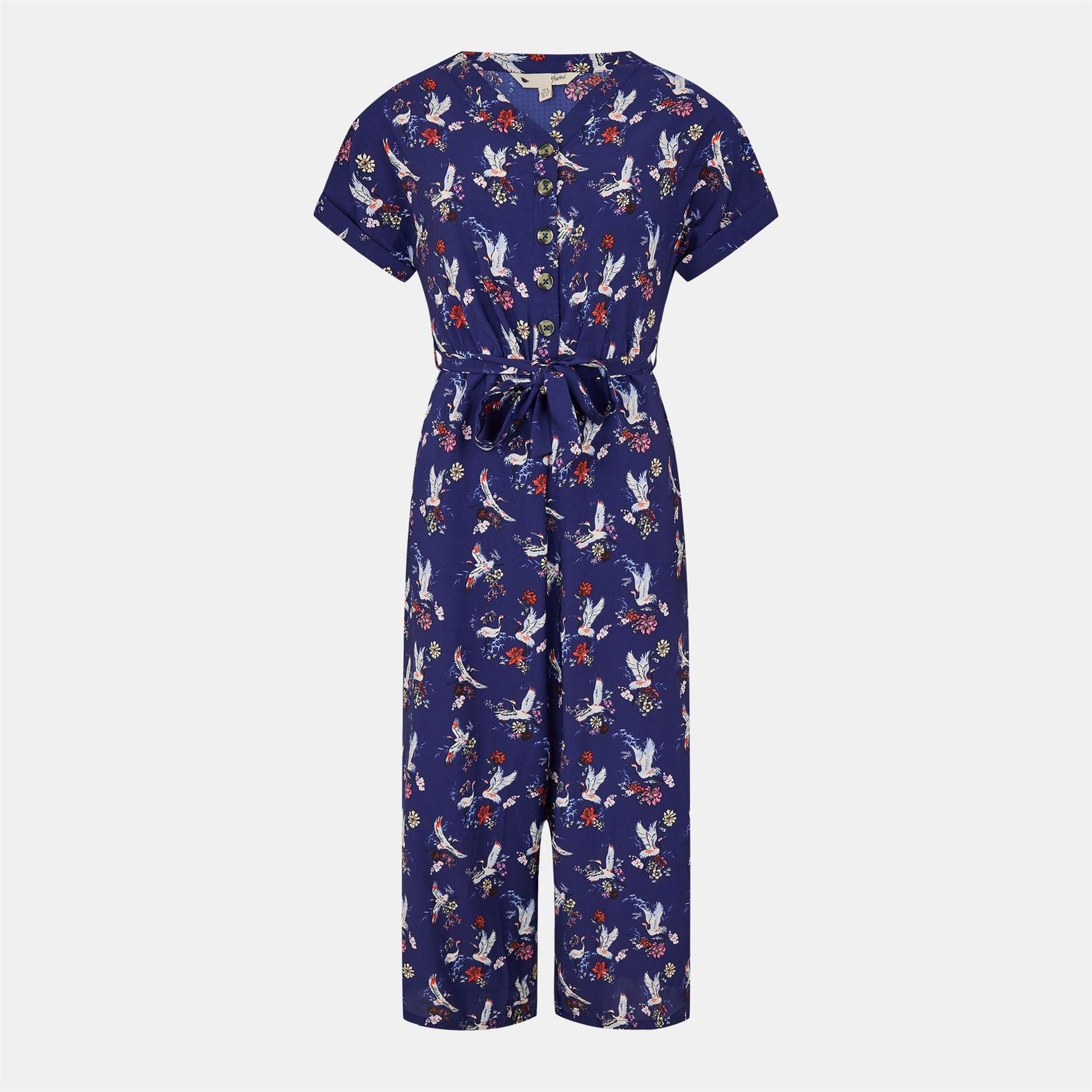Yumi Crane Print Collared Culotte Jumpsuit