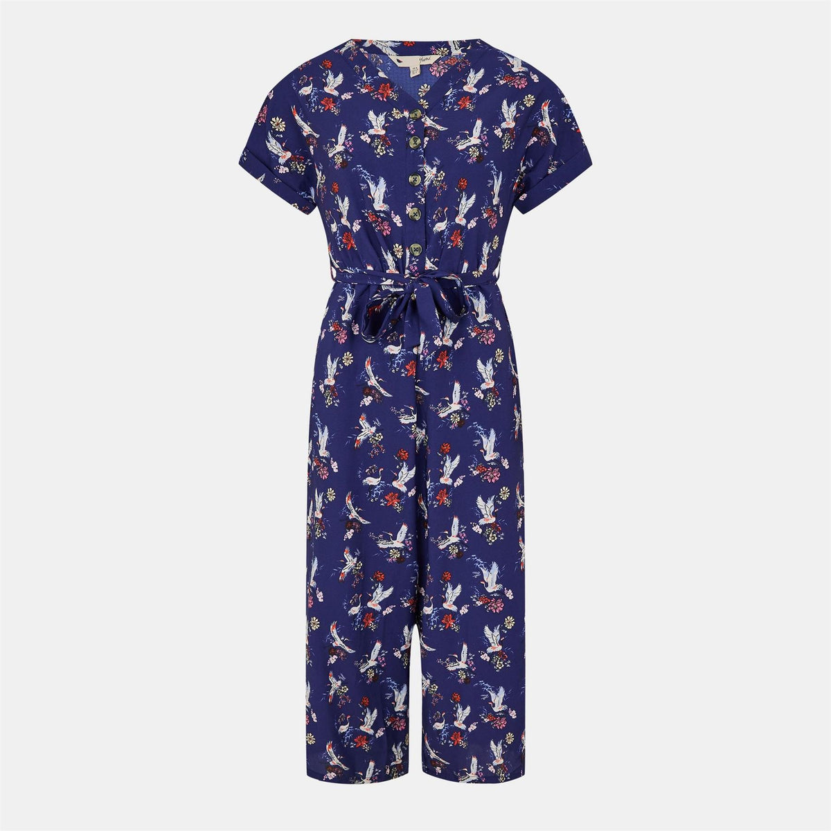 Yumi Crane Print Collared Culotte Jumpsuit