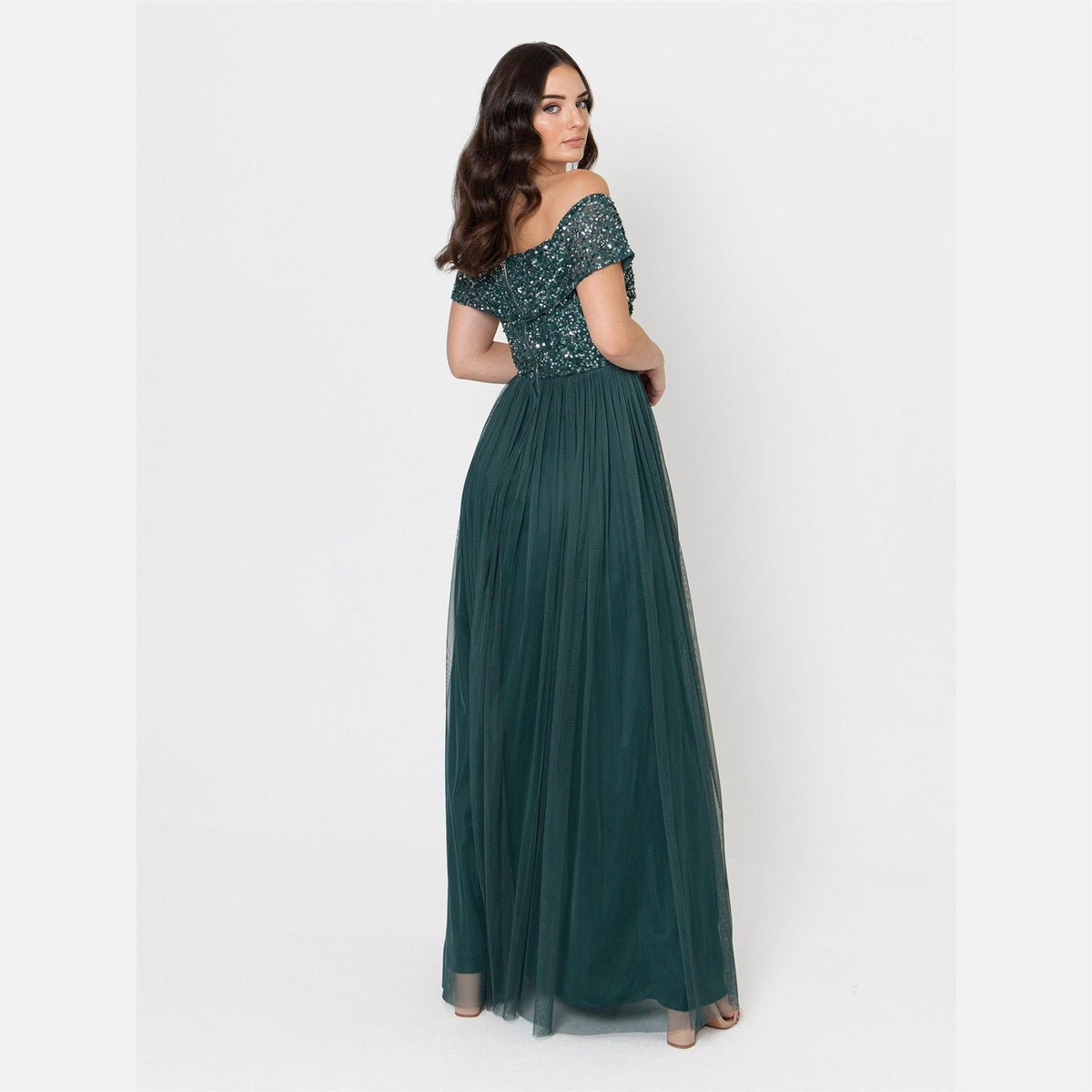 Maya Deluxe Emerald Green Bridesmaid Bardot Embellished Maxi Dress