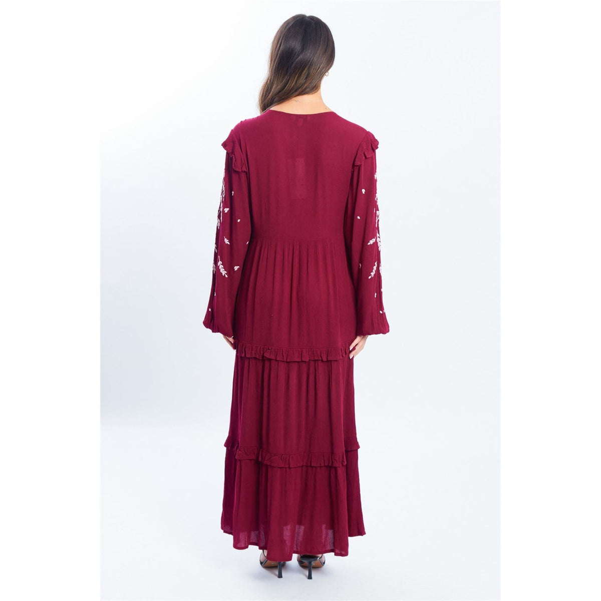 Be You Embroidered V-Neck Maxi Tiered Dress