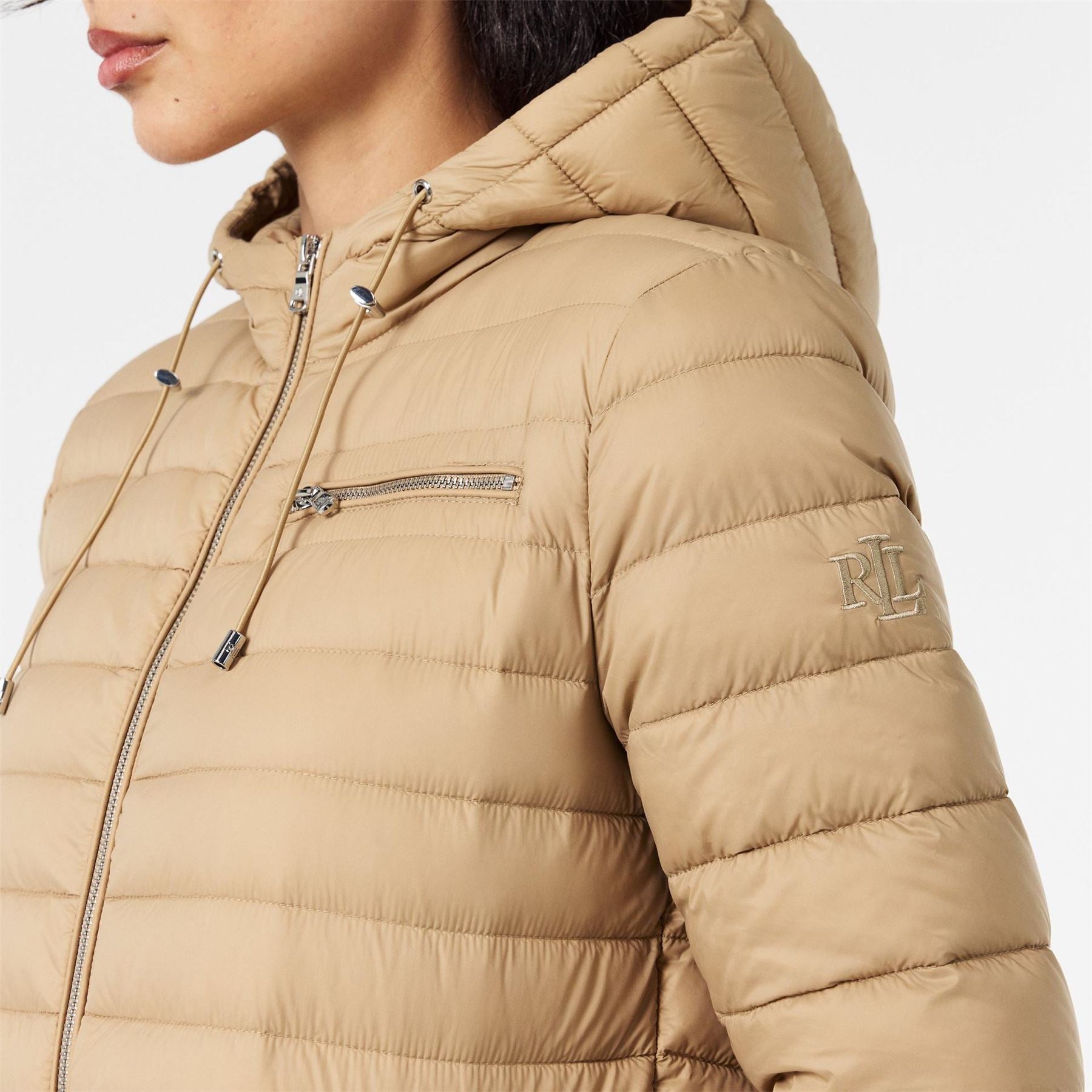 Lauren by Ralph Lauren Hooded Drawstring Horizontal Patterned Puffer Jacket