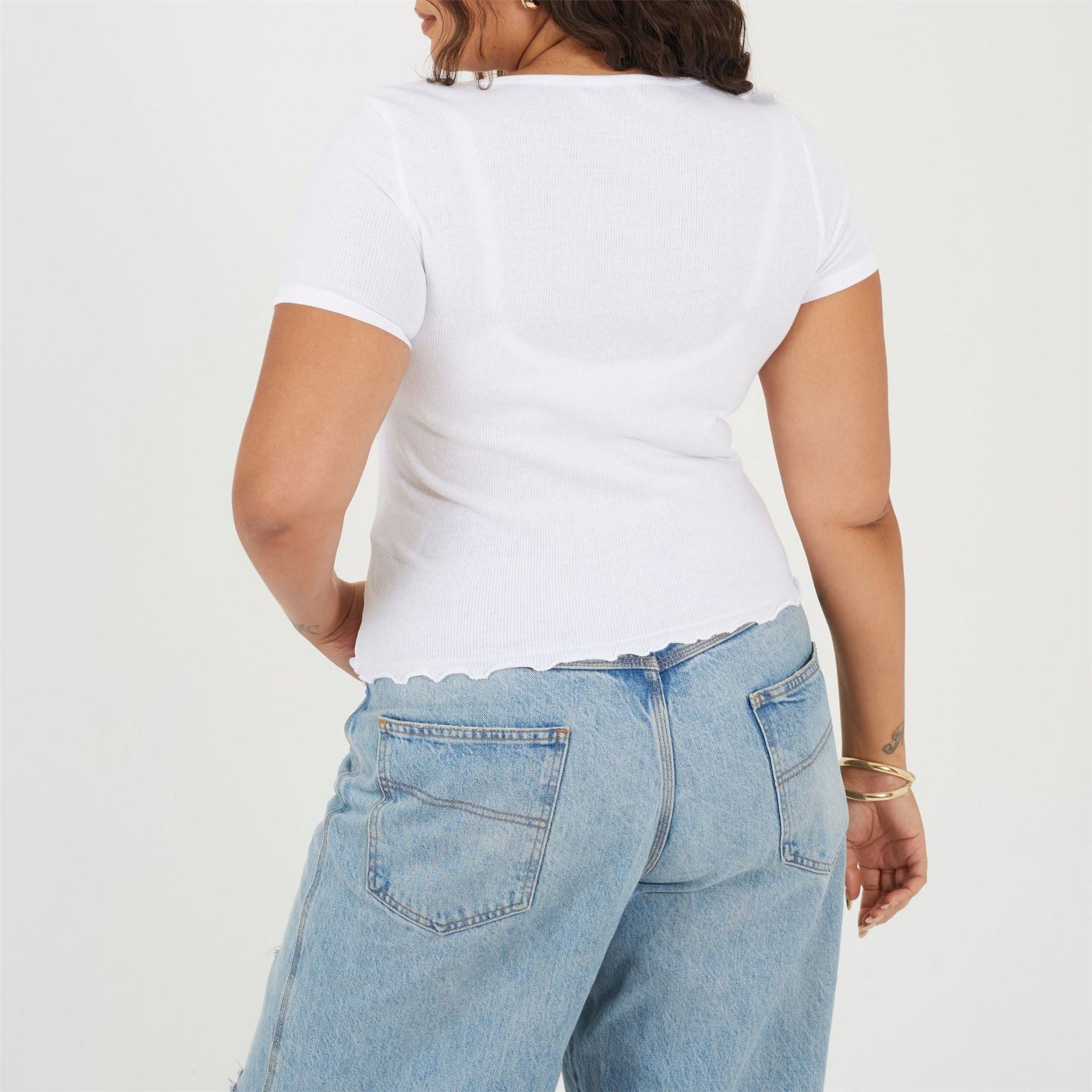 Brave Soul Plus Size Button Through Short Sleeve Top With Lettuce Hem