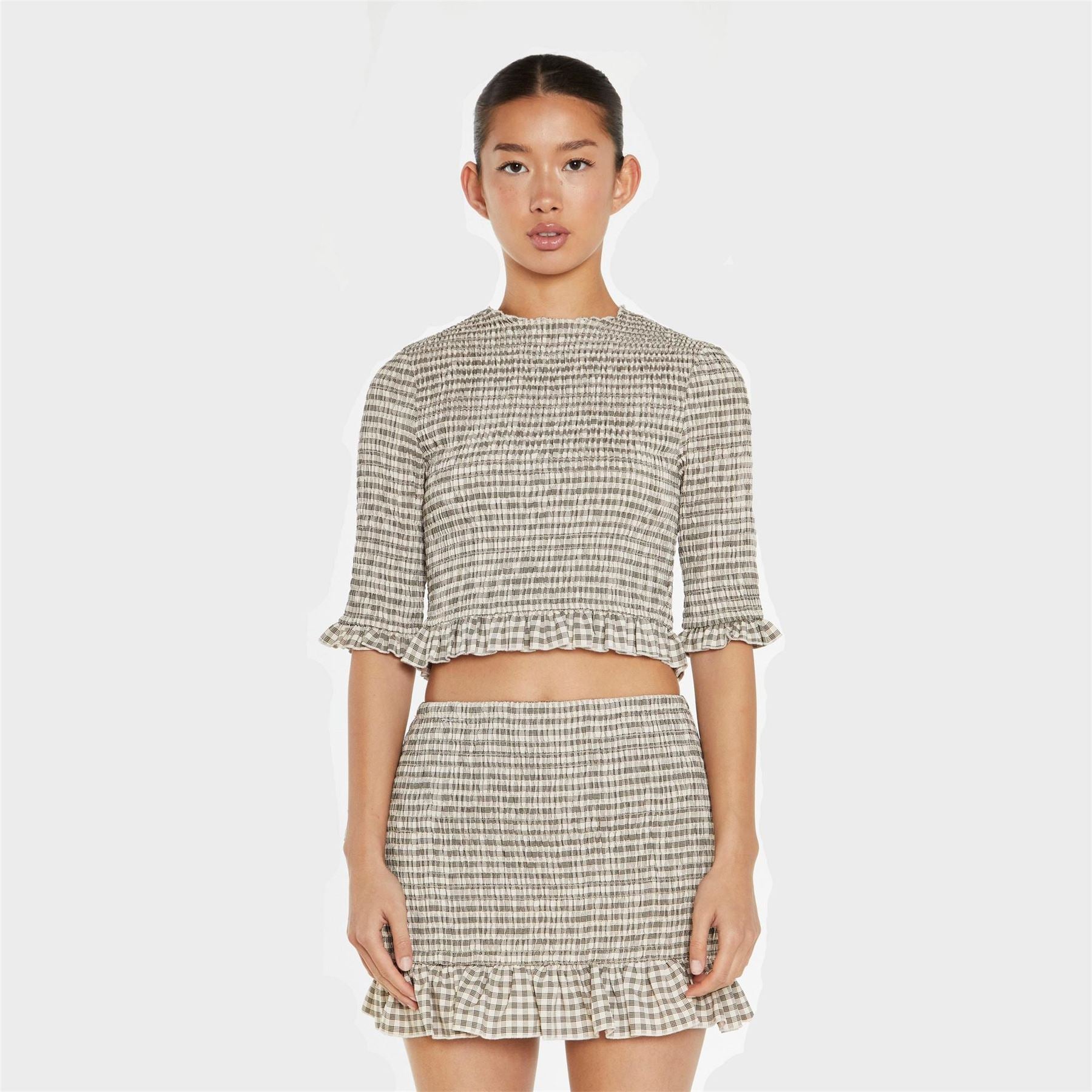 Glamorous Beige Black Check Shirred Crop Top