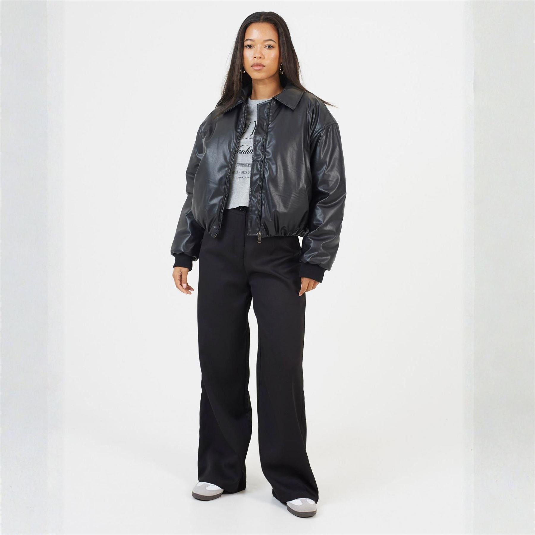 Brave Soul Womens Oversized Faux Leather Bomber Jacket With Collar