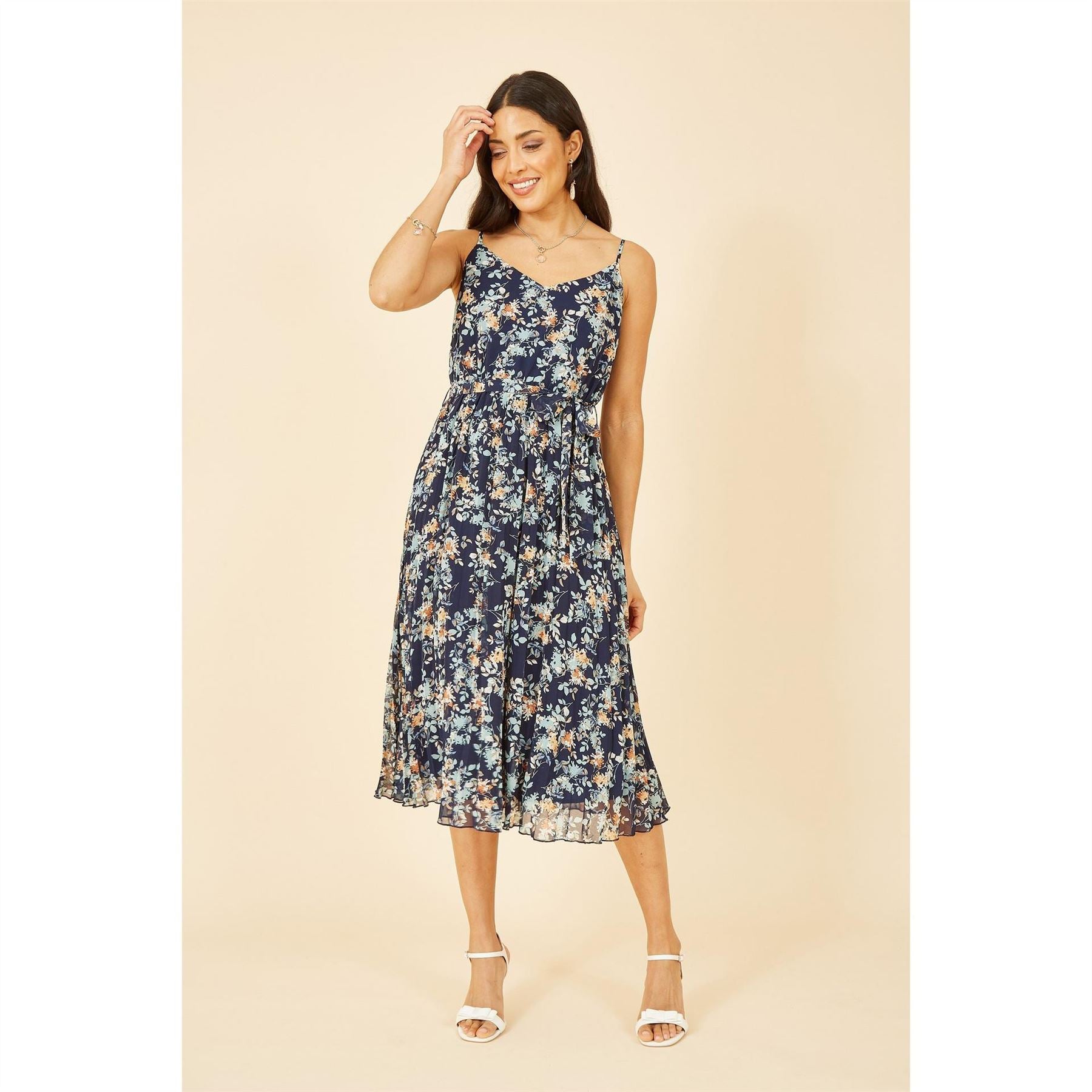 Mela London Floral Strappy Pleated Midi Dress