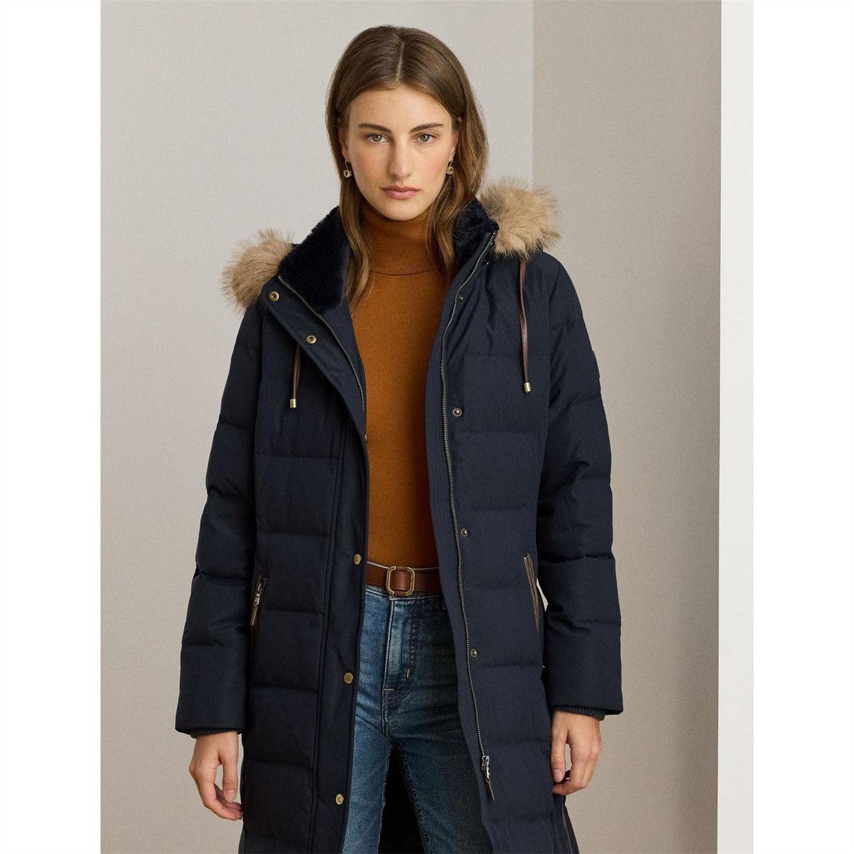 Lauren by Ralph Lauren Real Leather Fur Hood Medium Puffer Jacket